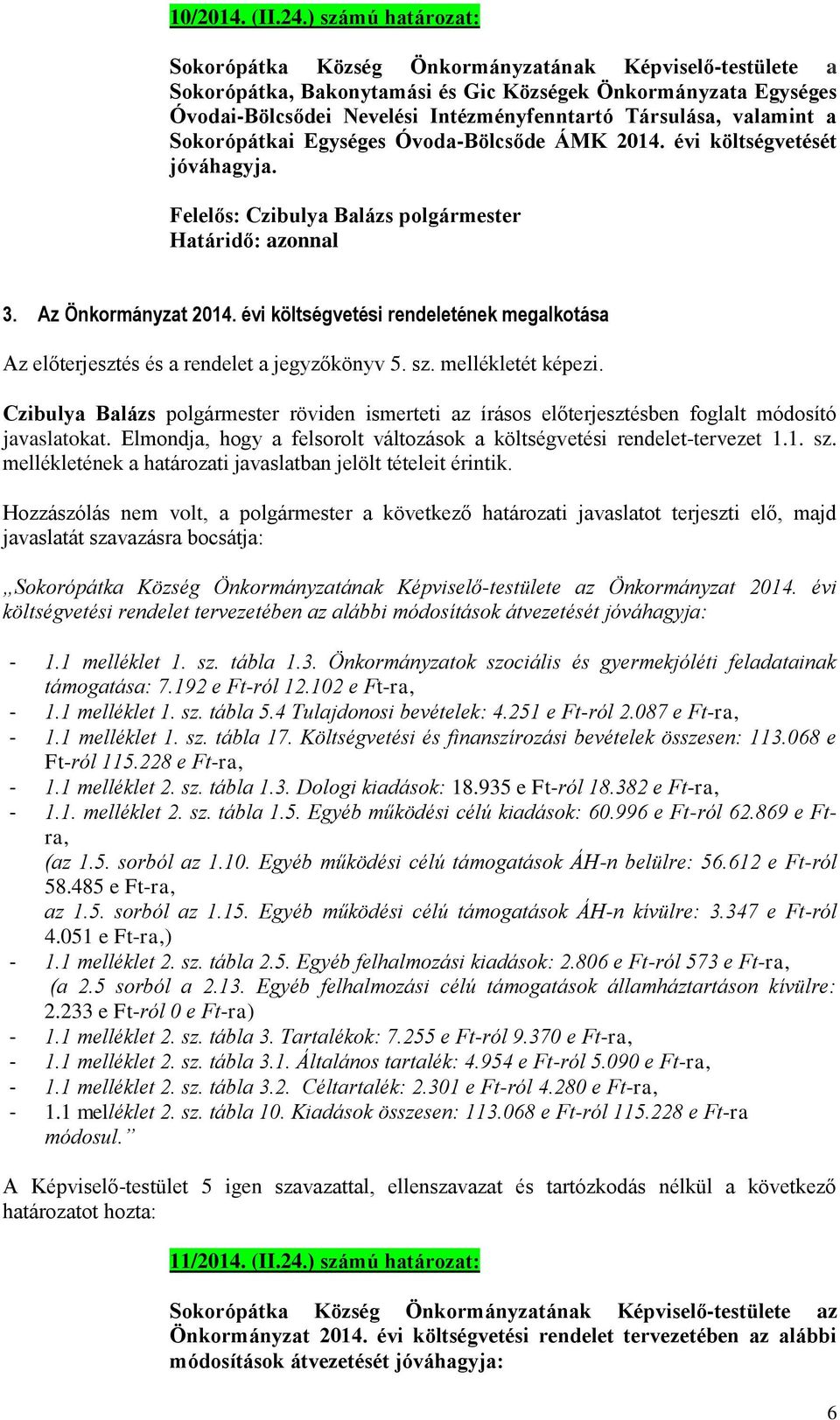 valamint a Sokorópátkai Egységes Óvoda-Bölcsőde ÁMK 2014. évi költségvetését jóváhagyja. 3. Az Önkormányzat 2014.