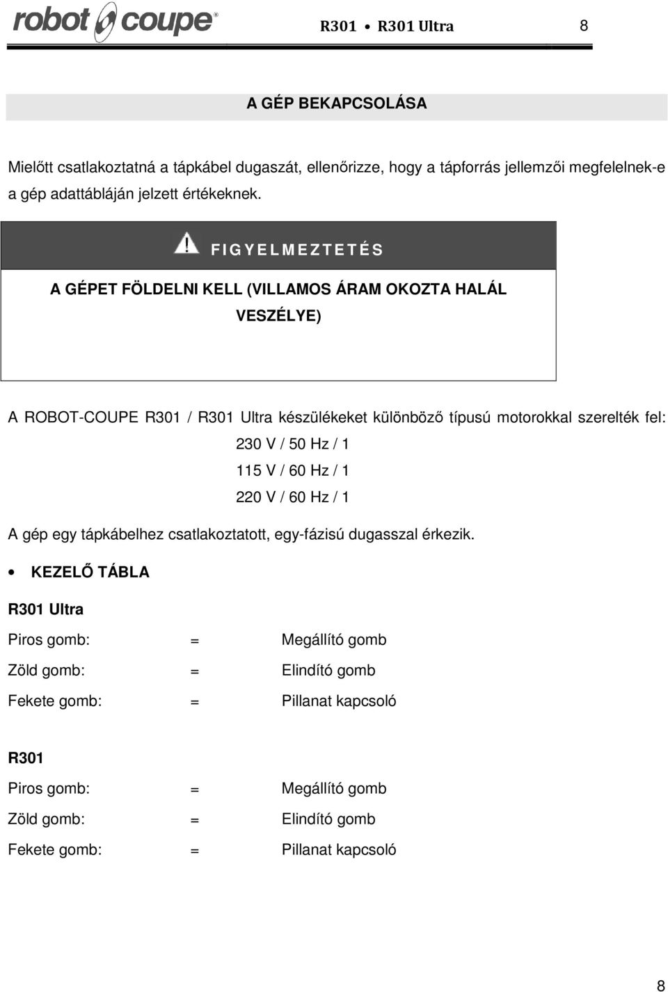 F I G Y E L M E Z T E T É S A GÉPET FÖLDELNI KELL (VILLAMOS ÁRAM OKOZTA HALÁL VESZÉLYE) A ROBOT-COUPE R301 / R301 Ultra készülékeket különböző típusú motorokkal szerelték