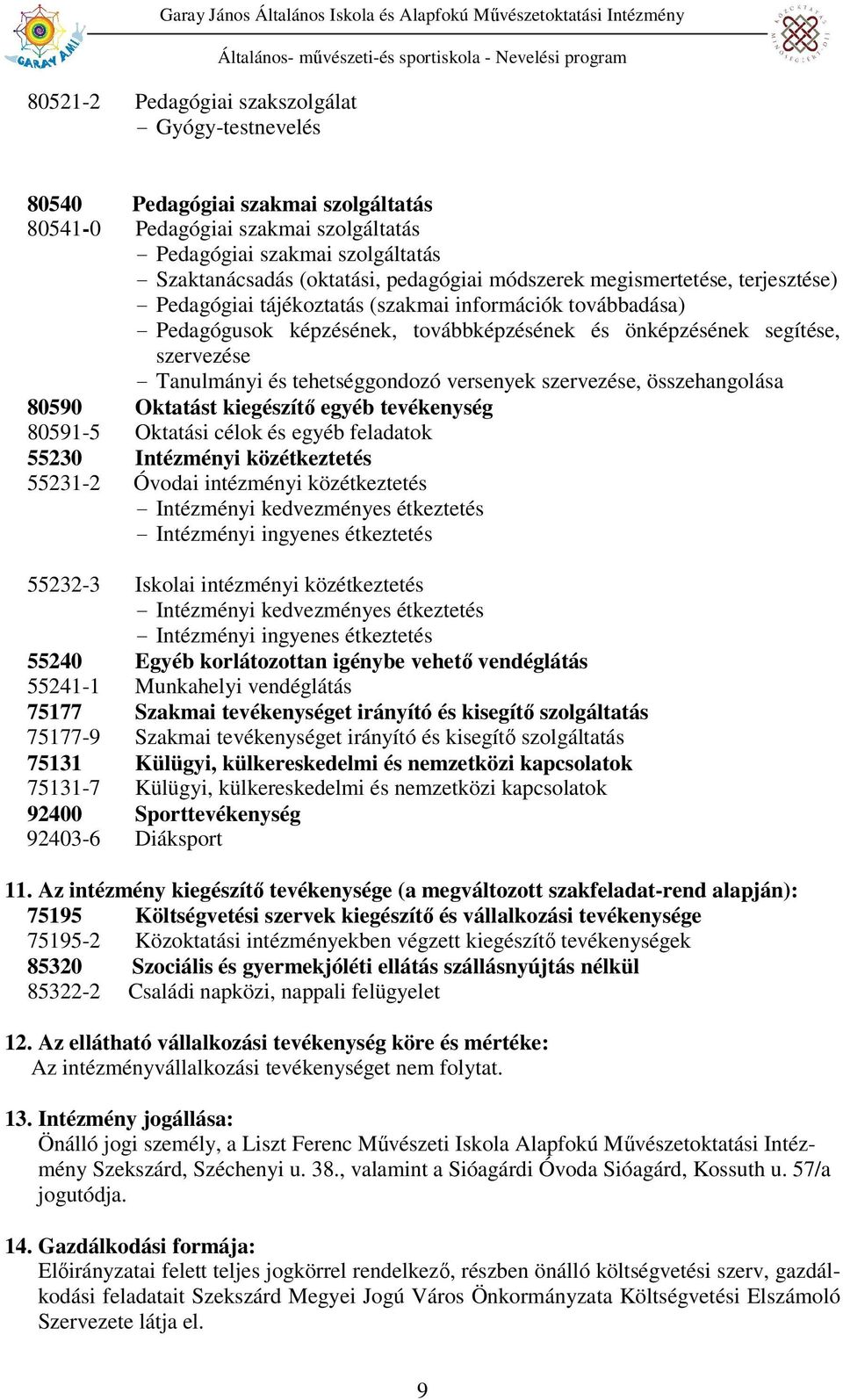 Tanulmányi és tehetséggondozó versenyek szervezése, összehangolása 80590 Oktatást kiegészítő egyéb tevékenység 80591-5 Oktatási célok és egyéb feladatok 55230 Intézményi közétkeztetés 55231-2 Óvodai