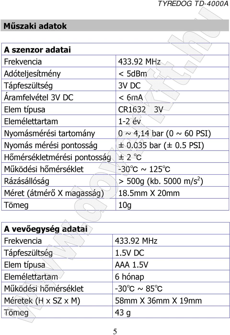 bar (0 ~ 60 PSI) Nyomás mérési pontosság ± 0.035 bar (± 0.