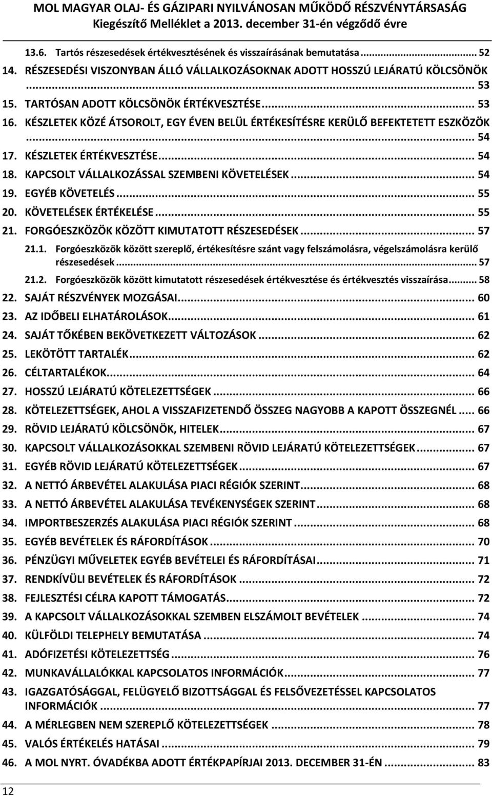 KÉSZLETEK KÖZÉ ÁTSOROLT, EGY ÉVEN BELÜL ÉRTÉKESÍTÉSRE KERÜLŐ BEFEKTETETT ESZKÖZÖK... 54 17. KÉSZLETEK ÉRTÉKVESZTÉSE... 54 18. KAPCSOLT VÁLLALKOZÁSSAL SZEMBENI KÖVETELÉSEK... 54 19. EGYÉB KÖVETELÉS.