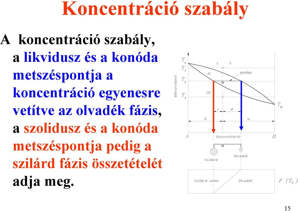 egyenesre vetítve az olvadék fázis, a szolidusz és a