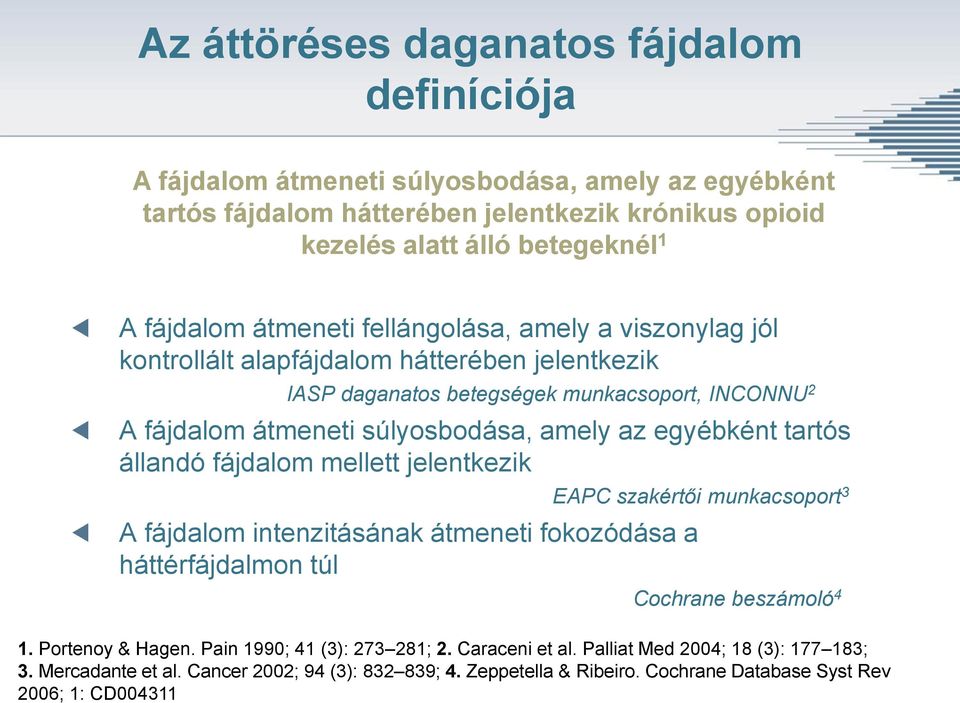 egyébként tartós állandó fájdalom mellett jelentkezik A fájdalom intenzitásának átmeneti fokozódása a háttérfájdalmon túl EAPC szakértői munkacsoport 3 Cochrane beszámoló 4 1. Portenoy & Hagen.