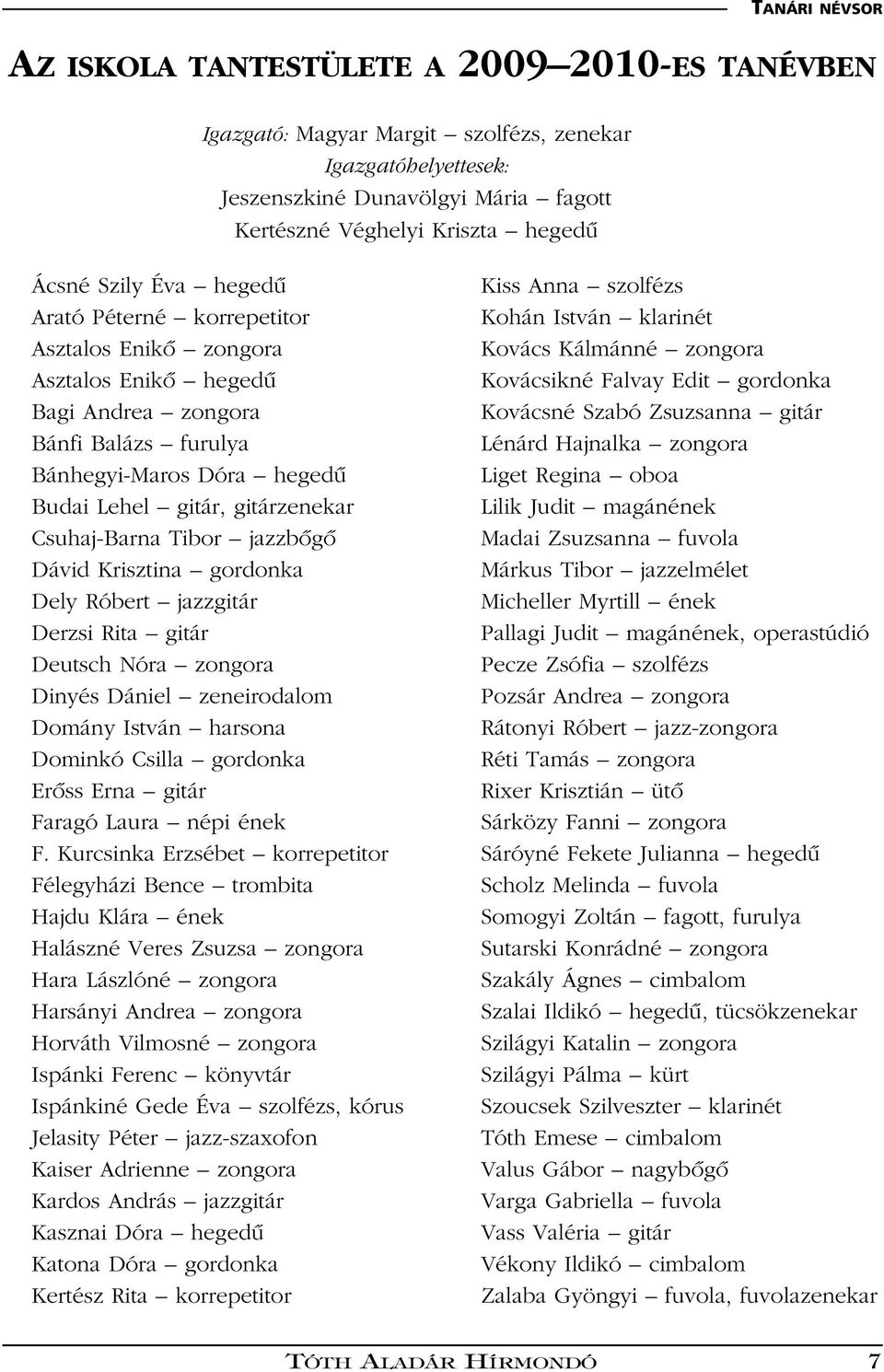 Csuhaj-Barna Tibor jazzbôgô Dávid Krisztina gordonka Dely Róbert jazzgitár Derzsi Rita gitár Deutsch Nóra zongora Dinyés Dániel zeneirodalom Domány István harsona Dominkó Csilla gordonka Erôss Erna