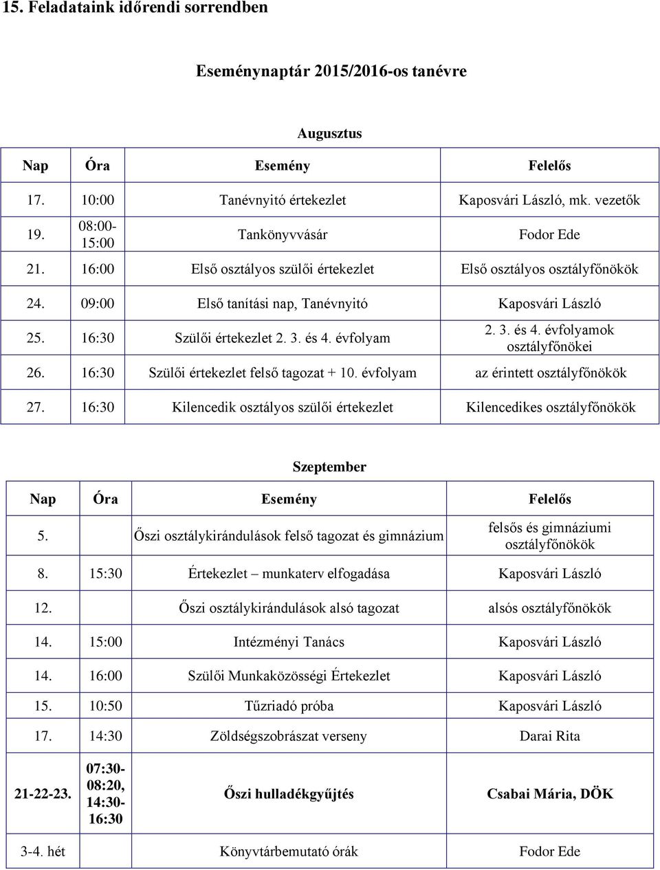 és 4. évfolyam 2. 3. és 4. évfolyamok osztályfőnökei 26. 16:30 Szülői értekezlet felső tagozat + 10. évfolyam az érintett osztályfőnökök 27.