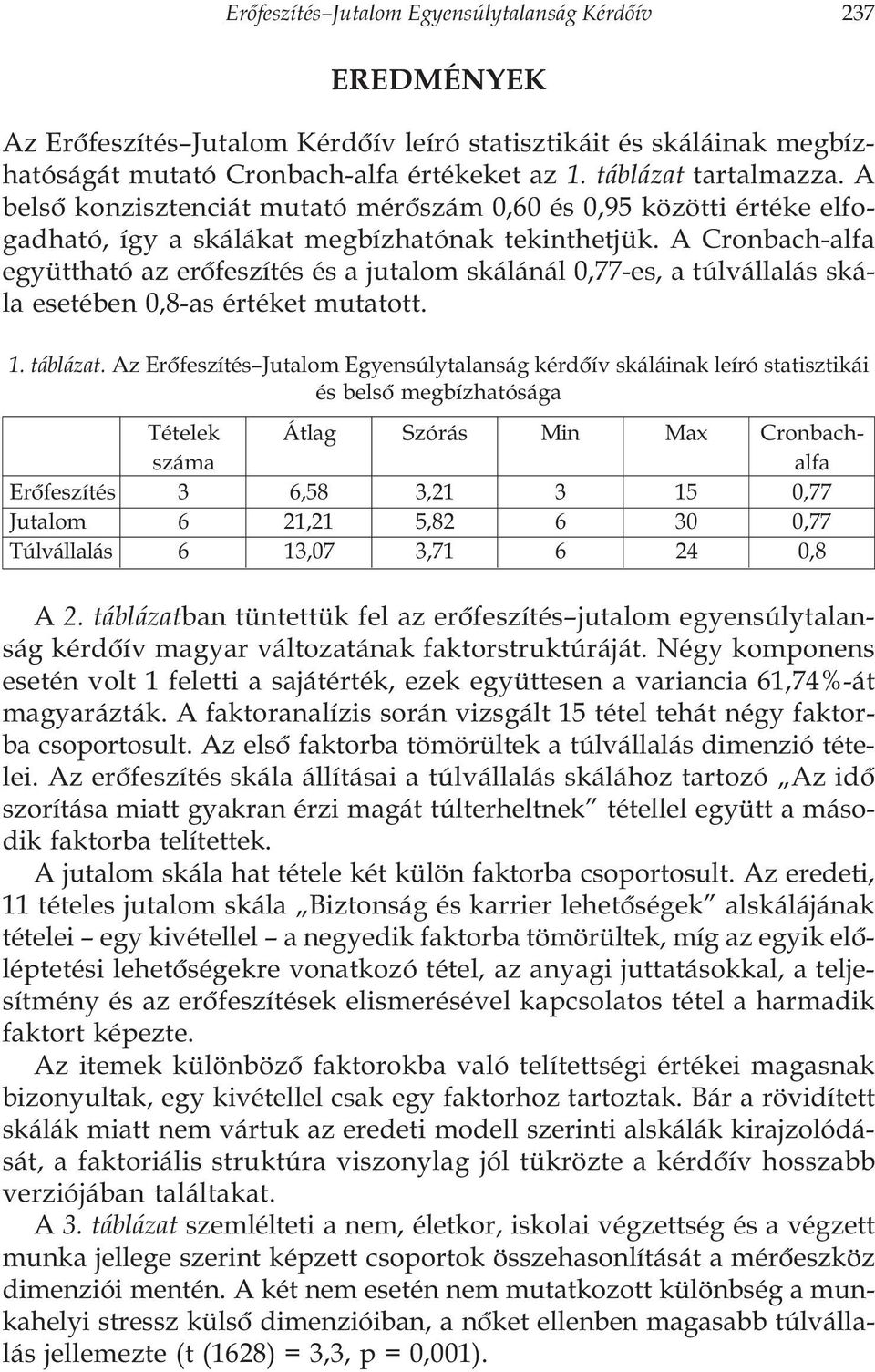 A Cronbach-alfa együttható az erõfeszítés és a jutalom skálánál 0,77-es, a túlvállalás skála esetében 0,8-as értéket mutatott. 1. táblázat.