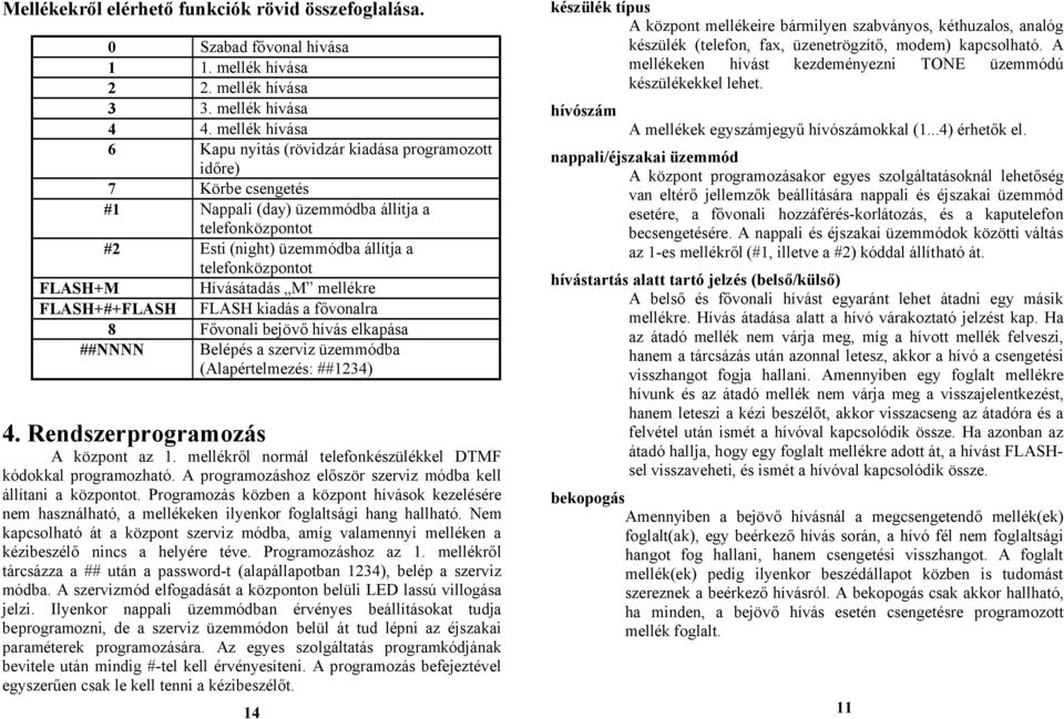 Hívásátadás M mellékre FLASH+#+FLASH FLASH kiadás a fővonalra 8 Fővonali bejövő hívás elkapása ##NNNN Belépés a szerviz üzemmódba (Alapértelmezés: ##1234) 4. Rendszerprogramozás A központ az 1.