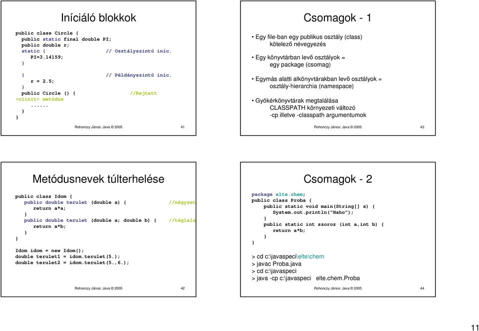 .. Rohonczy János: Java 2005 41 Csomagok - 1 Egy file-ban egy publikus osztály (class) kötelező névegyezés Egy könyvtárban levő osztályok = egy package (csomag) Egymás alatti alkönyvtárakban levő