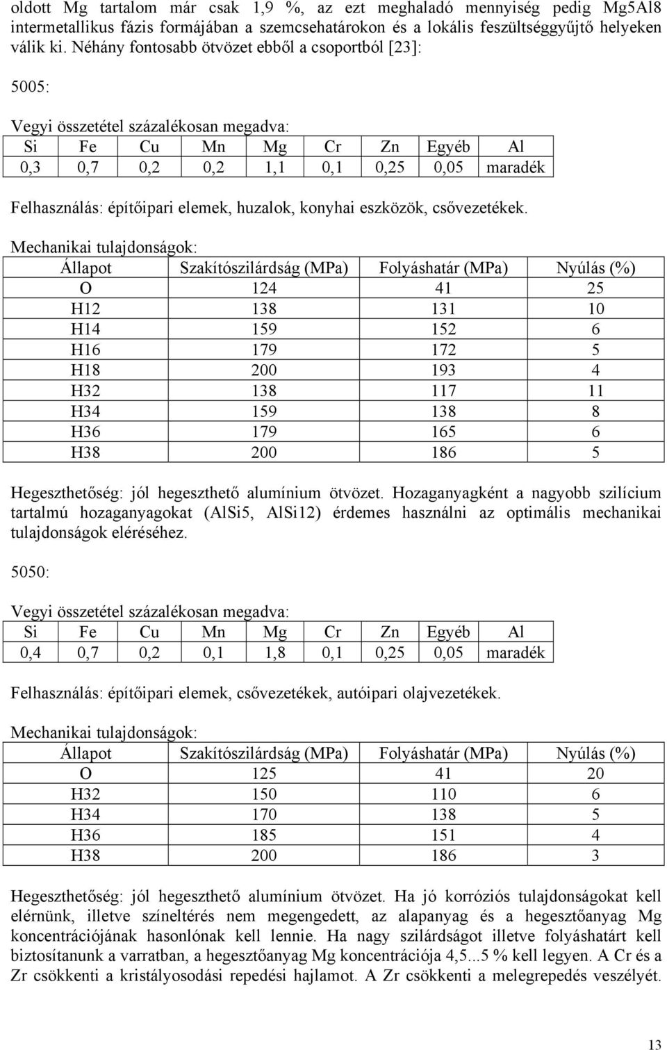 csővezetékek. O 124 41 25 H12 138 131 10 H14 159 152 6 H16 179 172 5 H18 200 193 4 H32 138 117 11 H34 159 138 8 H36 179 165 6 H38 200 186 5 Hegeszthetőség: jól hegeszthető alumínium ötvözet.