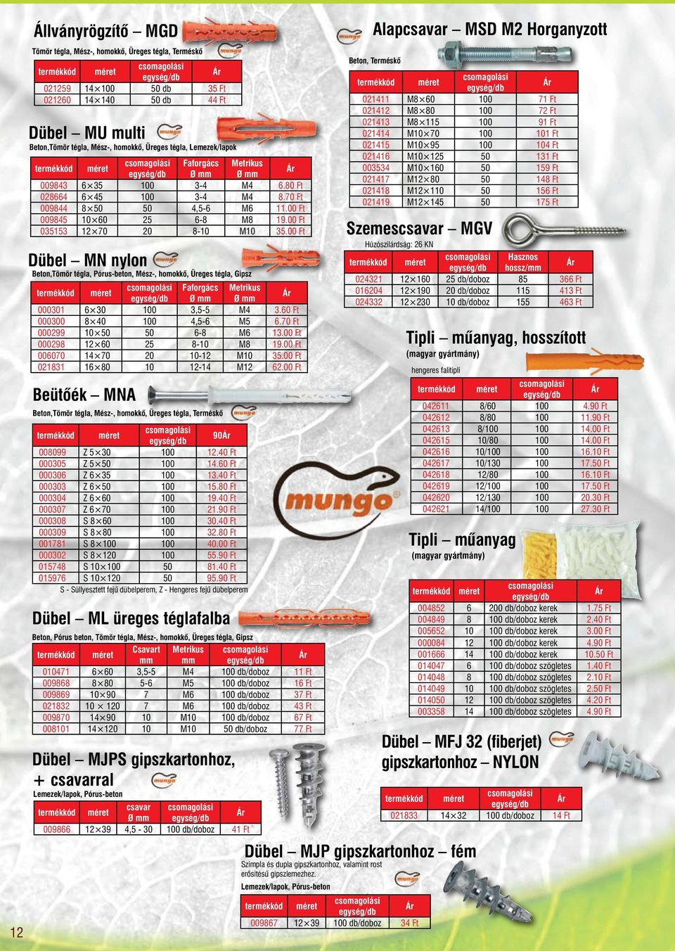 00 Ft Alapcsavar MSD M2 Horganyzott csomagolási egység/db 021411 M8 60 100 71 Ft 021412 M8 80 100 72 Ft 021413 M8 115 100 91 Ft 021414 M10 70 100 101 Ft 021415 M10 95 100 104 Ft 021416 M10 125 50 131