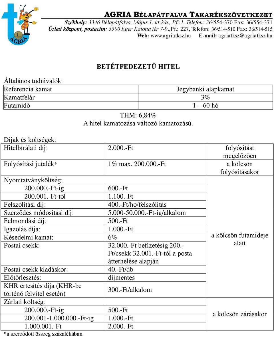 -Ft/hó/felszólítás Szerződés módosítási díj: 5.000-50.000.-Ft-ig/alkalom Postai csekk: 3 befizetésig 200.- Ft/csekk 32.001.