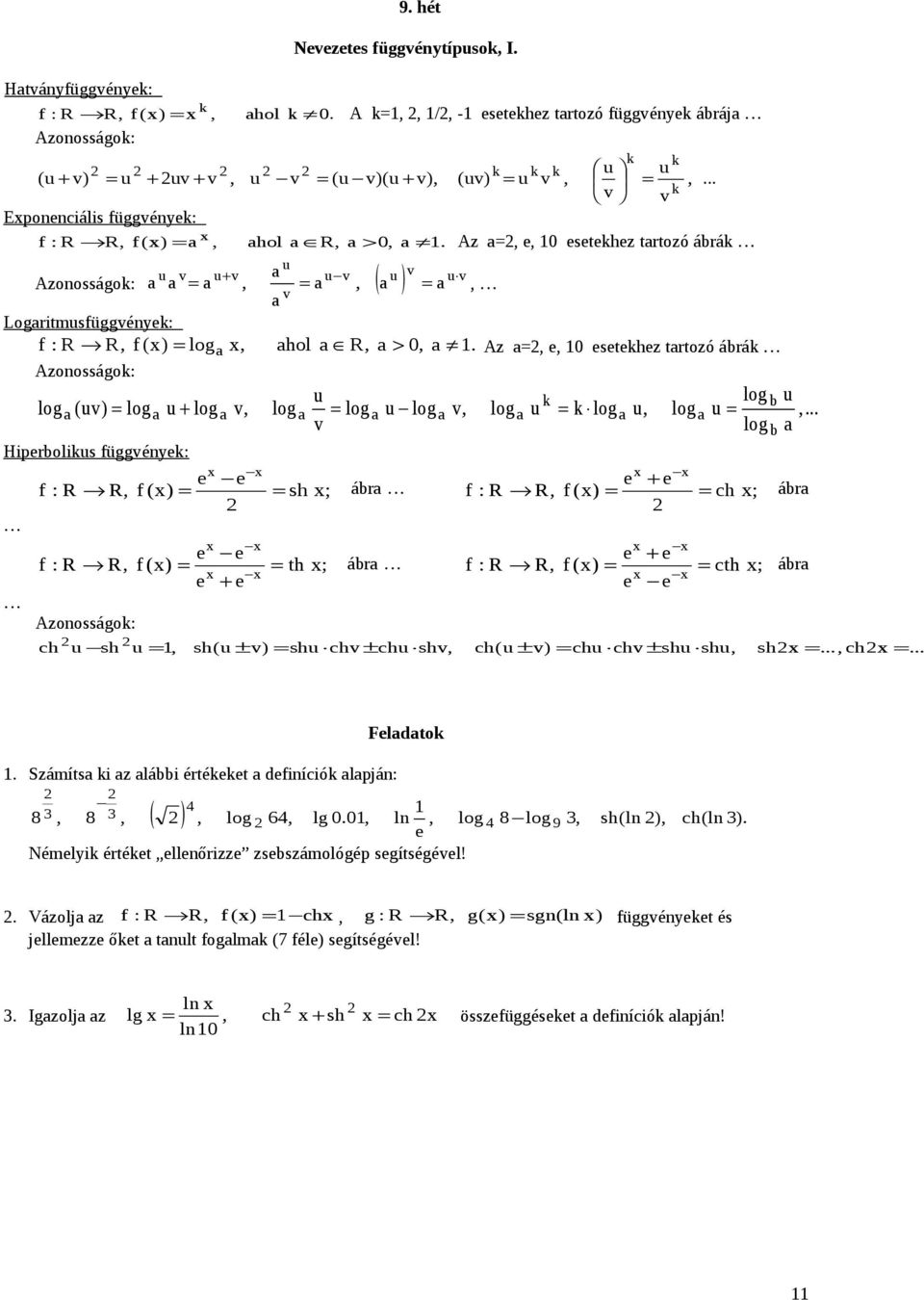 Az =, e, 0 esetekhez trtozó ábrák Azoosságok: u k log b u log (uv) = log u + log v, log = log u log v, log u = k log u, log u =, v log b Hiperbolikus függvéyek: f : R f : R e R, f () = e R, f () = e