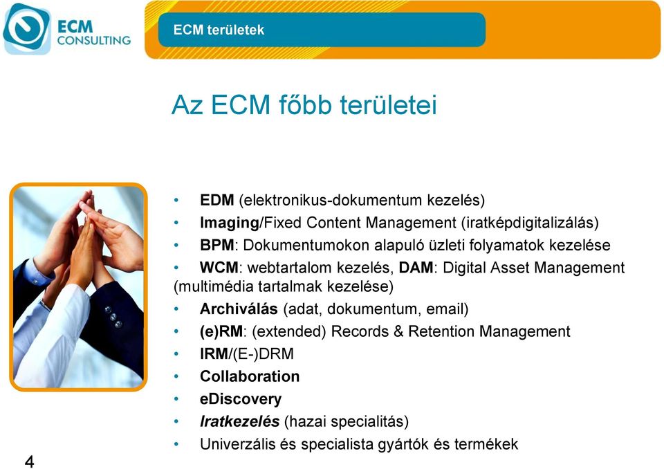 Asset Management (multimédia tartalmak kezelése) Archiválás (adat, dokumentum, email) (e)rm: (extended) Records &