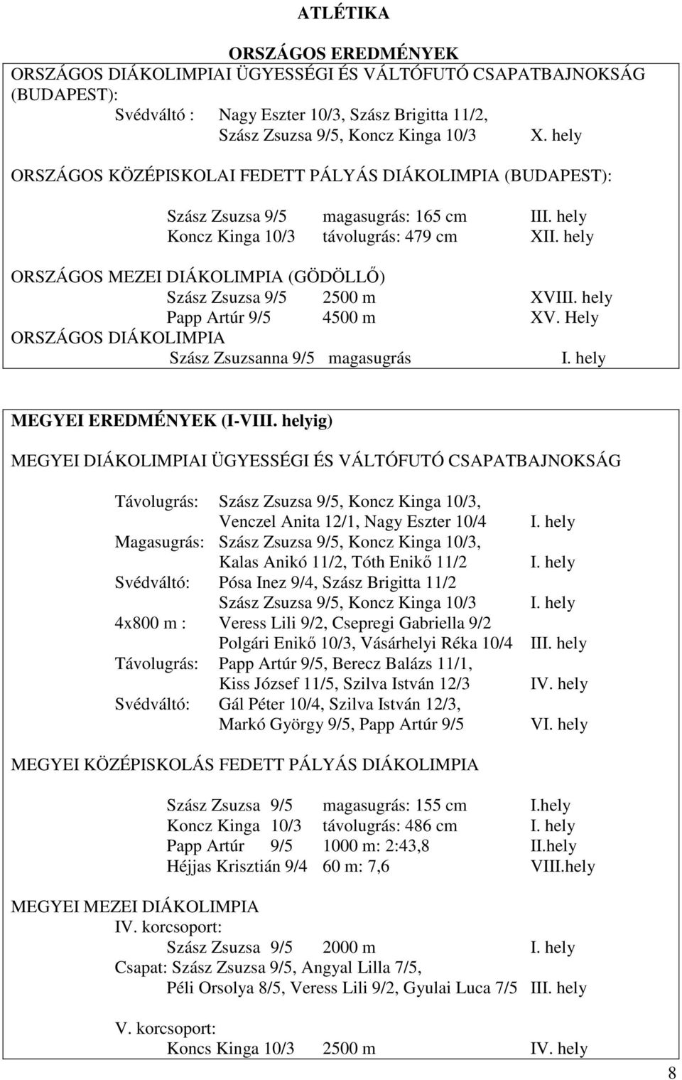 hely ORSZÁGOS MEZEI DIÁKOLIMPIA (GÖDÖLLŐ) Szász 2500 m XVIII. hely Papp Artúr 4500 m XV. Hely ORSZÁGOS DIÁKOLIMPIA Szász nna magasugrás I. hely MEGYEI EREDMÉNYEK (I-VIII.