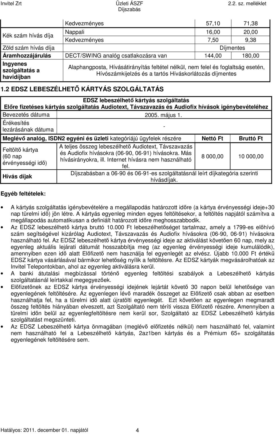 2 EDSZ LEBESZÉLHETŐ KÁRTYÁS SZOLGÁLTATÁS EDSZ lebeszélhető kártyás szolgáltatás Előre fizetéses kártyás szolgáltatás Audiotext, Távszavazás és Audiofix hívások igénybevételéhez Bevezetés dátuma 2005.
