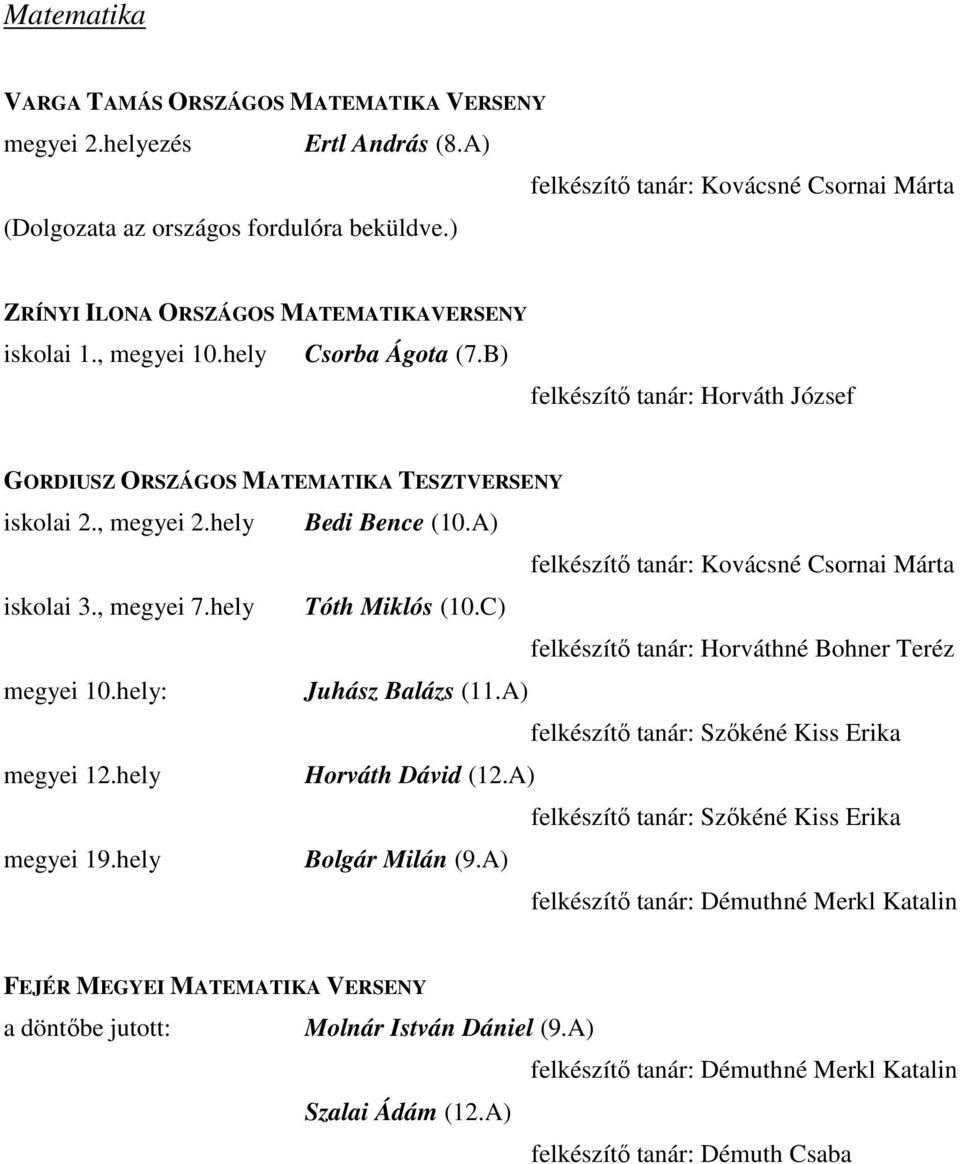 hely Bedi Bence (10.A) felkészítő tanár: Kovácsné Csornai Márta iskolai 3., megyei 7.hely Tóth Miklós (10.C) felkészítő tanár: Horváthné Bohner Teréz megyei 10.hely: Juhász Balázs (11.