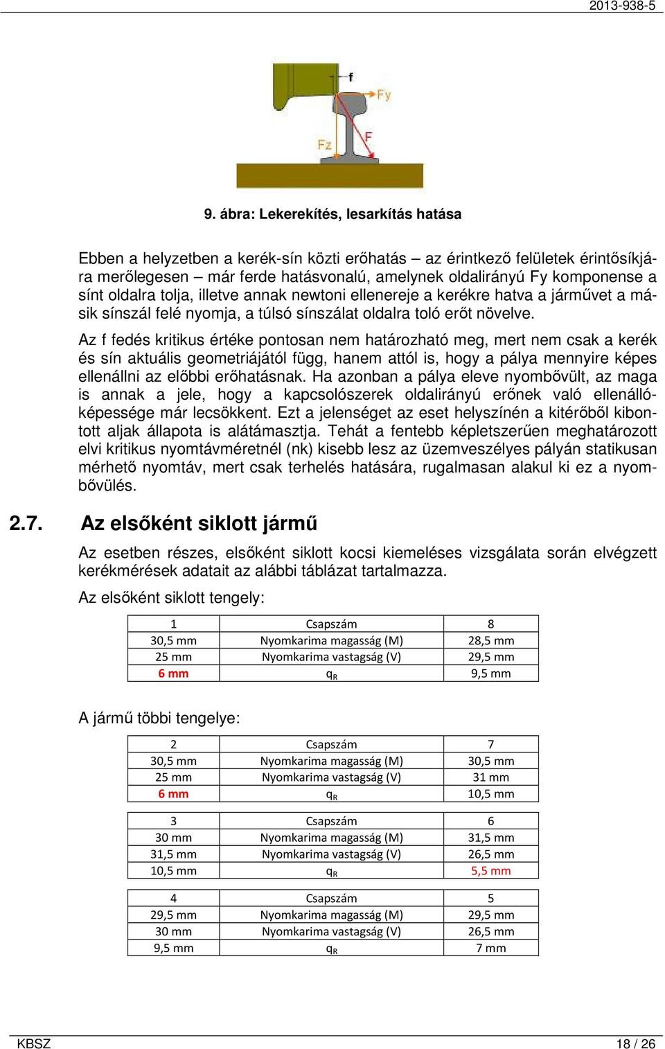 Az f fedés kritikus értéke pontosan nem határozható meg, mert nem csak a kerék és sín aktuális geometriájától függ, hanem attól is, hogy a pálya mennyire képes ellenállni az előbbi erőhatásnak.