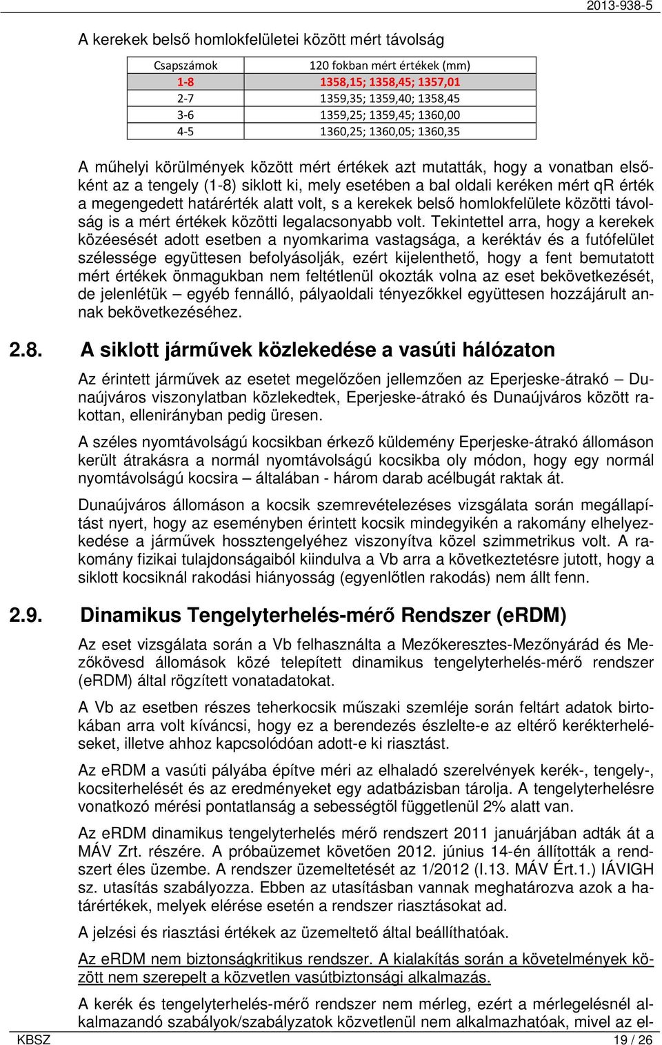 határérték alatt volt, s a kerekek belső homlokfelülete közötti távolság is a mért értékek közötti legalacsonyabb volt.