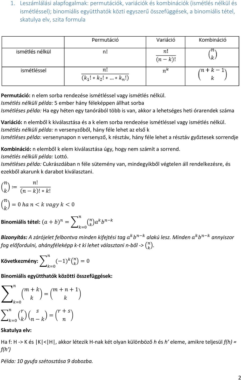 Ismétlés nélküli példa: 5 ember hány féleképpen állhat sorba Ismétléses példa: Ha egy héten egy tanórából több is van, akkor a lehetséges heti órarendek száma Variáció: n elemből k kiválasztása és a