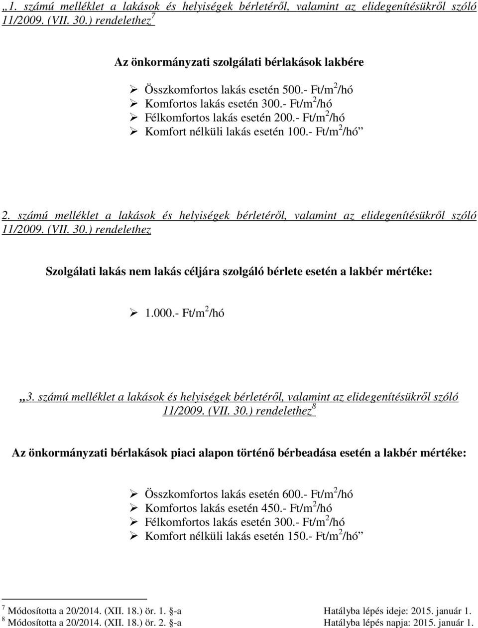 - Ft/m 2 /hó Komfort nélküli lakás esetén 100.- Ft/m 2 /hó 2. számú melléklet a lakások és helyiségek bérletéről, valamint az elidegenítésükről szóló 11/2009. (VII. 30.