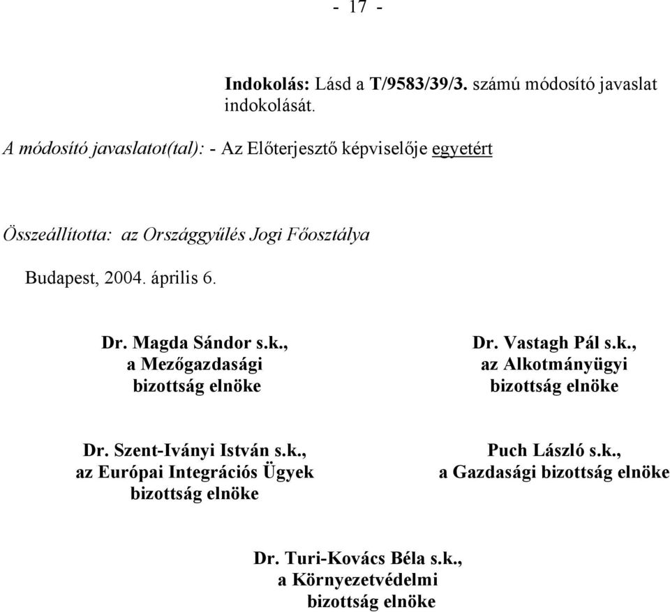 Jogi Főosztálya Budapest, 2004. április 6. Dr. Magda Sándor s.k., a Mezőgazdasági bizottság elnöke Dr. Vastagh Pál s.k., az Alkotmányügyi bizottság elnöke Dr.