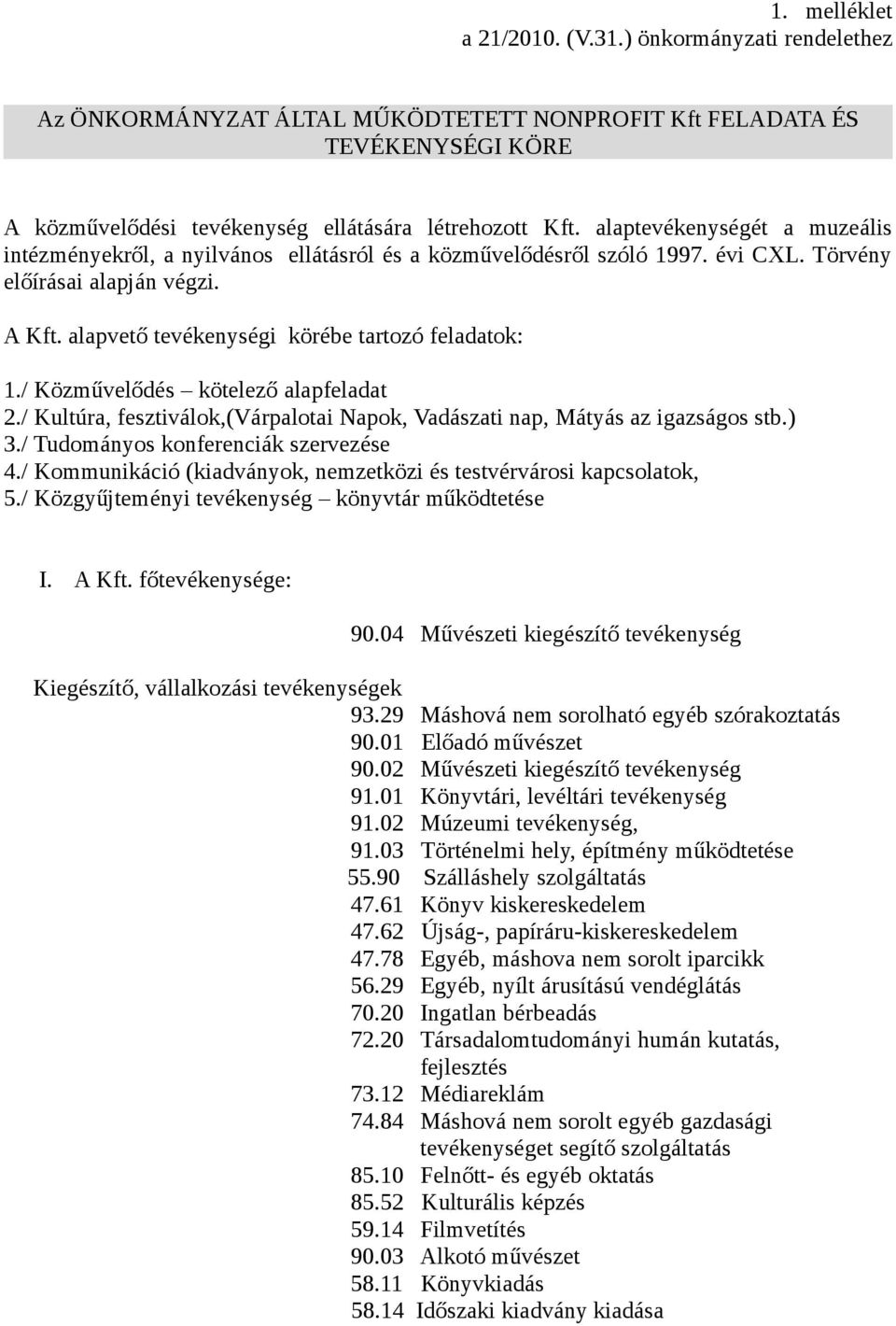 / Közművelődés kötelező alapfeladat 2./ Kultúra, fesztiválok,(várpalotai Napok, Vadászati nap, Mátyás az igazságos stb.) 3./ Tudományos konferenciák szervezése 4.
