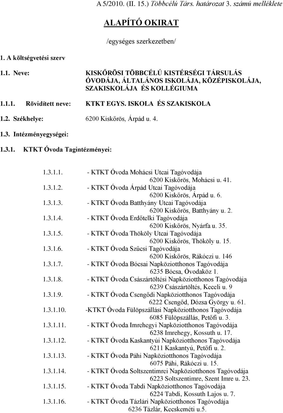 41. 1.3.1.2. - KTKT Óvoda Árpád Utcai Tagóvodája 6200 Kiskőrös, Árpád u. 6. 1.3.1.3. - KTKT Óvoda Batthyány Utcai Tagóvodája 6200 Kiskőrös, Batthyány u. 2. 1.3.1.4. - KTKT Óvoda Erdőtelki Tagóvodája 6200 Kiskőrös, Nyárfa u.