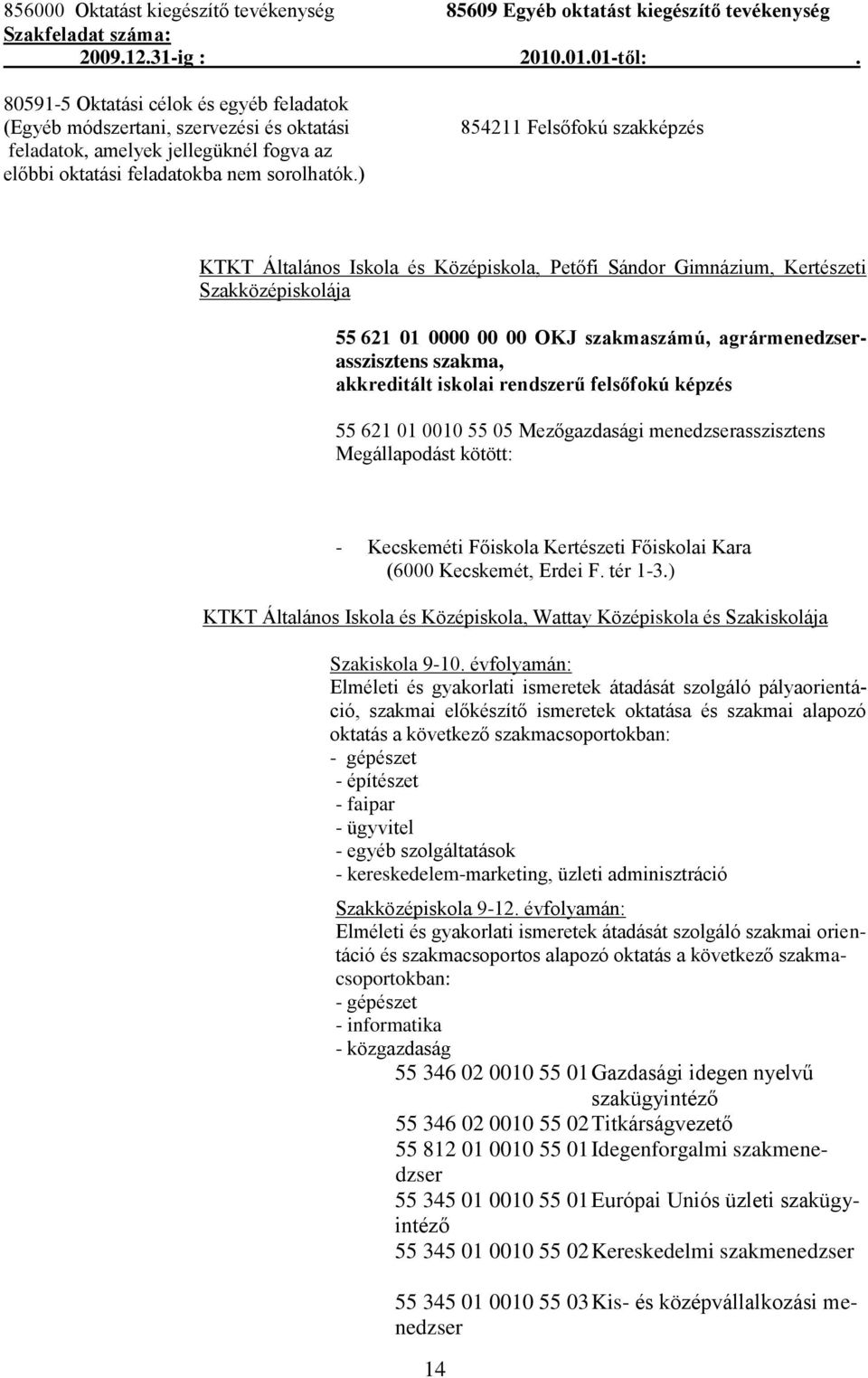 ) 854211 Felsőfokú szakképzés KTKT Általános Iskola és Középiskola, Petőfi Sándor Gimnázium, Kertészeti Szakközépiskolája 55 621 01 0000 00 00 OKJ szakmaszámú, agrármenedzserasszisztens szakma,