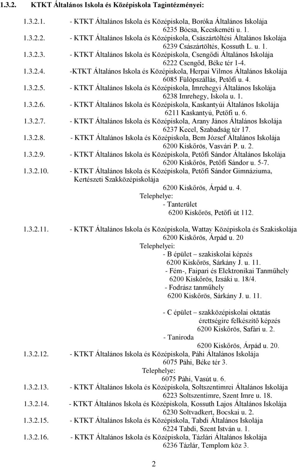 1.3.2.4. -KTKT Általános Iskola és Középiskola, Herpai Vilmos Általános Iskolája 6085 Fülöpszállás, Petőfi u. 4. 1.3.2.5. - KTKT Általános Iskola és Középiskola, Imrehegyi Általános Iskolája 6238 Imrehegy, Iskola u.