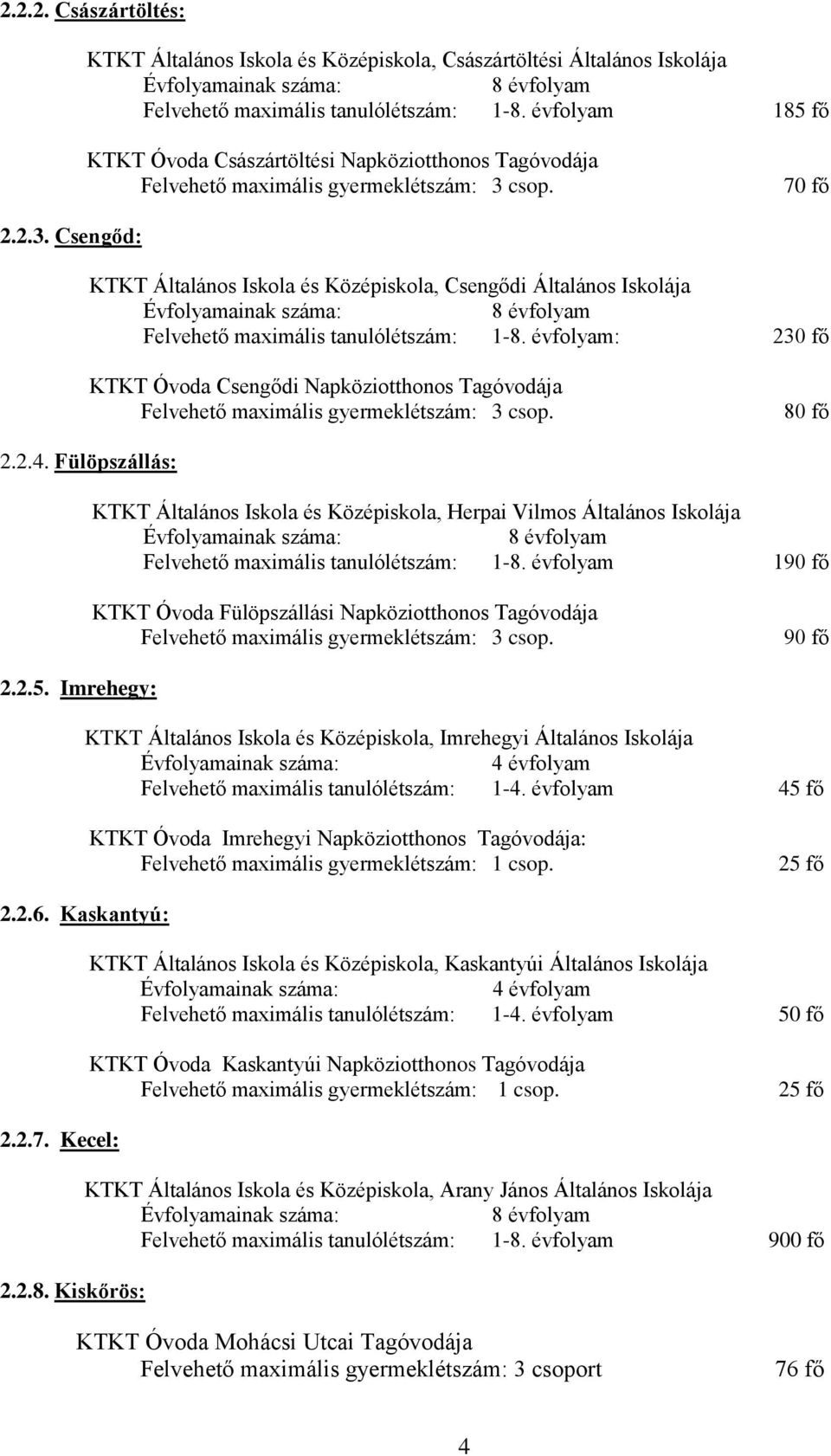 csop. 70 fő 2.2.3. Csengőd: KTKT Általános Iskola és Középiskola, Csengődi Általános Iskolája Felvehető maximális tanulólétszám: 1-8.