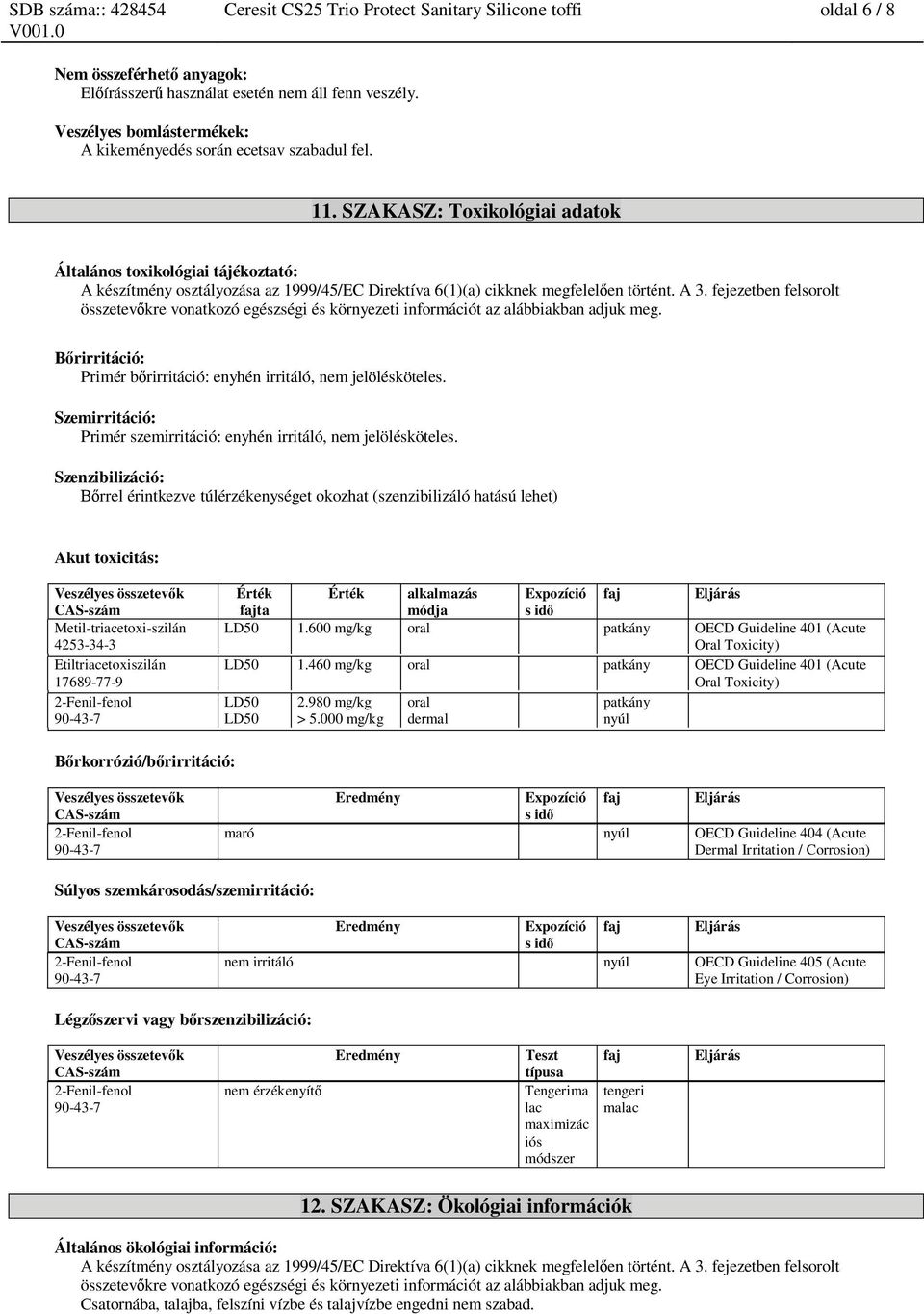 SZAKASZ: Toxikológiai adatok Általános toxikológiai tájékoztató: A készítmény osztályozása az 1999/45/EC Direktíva 6(1)(a) cikknek megfelel en történt. A 3.
