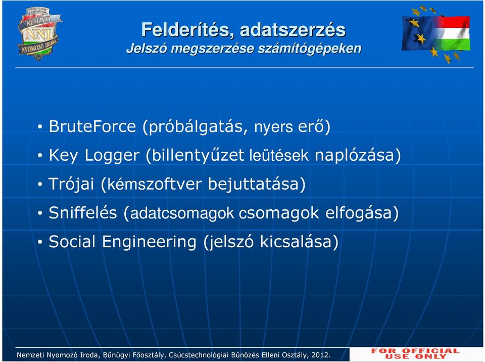 leütések naplózása) Trójai (kémszoftver bejuttatása) Sniffelés