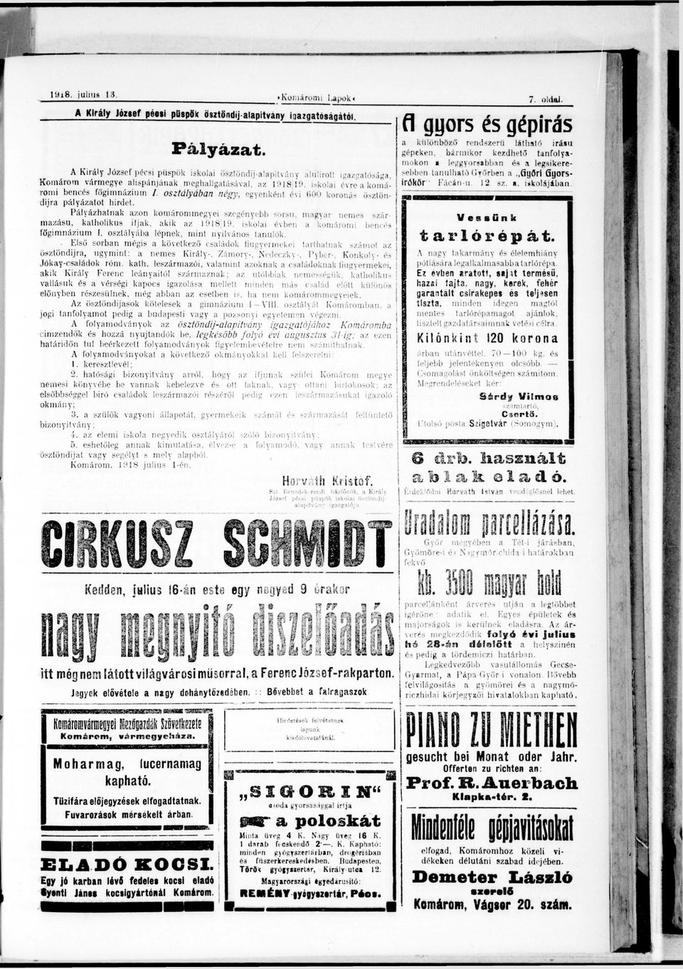 . kolájábn Pályáz. Krály Józef péc püpök kol ö*öndj*lpvány áűro! gzgóág, Koáro váregye lpánjánk eghllgáávl, z 98(9. ko ro benc főgnázu /. ozályábn négy, egyénkén!