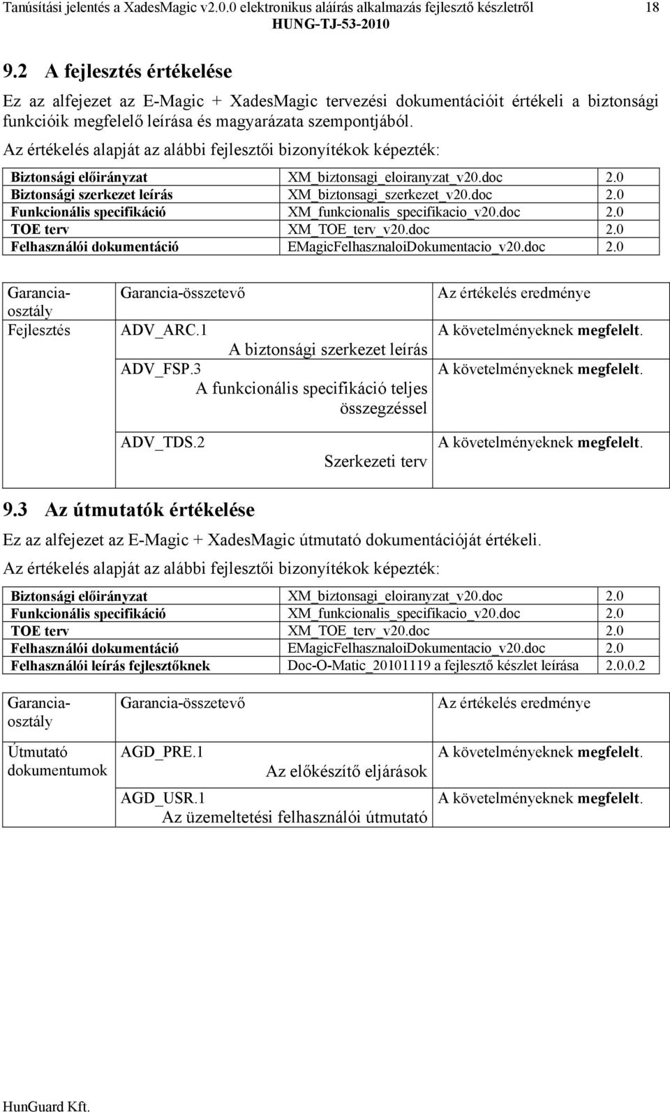 Az értékelés alapját az alábbi fejlesztői bizonyítékok képezték: Biztonsági előirányzat XM_biztonsagi_eloiranyzat_v20.doc 2.0 Biztonsági szerkezet leírás XM_biztonsagi_szerkezet_v20.doc 2.0 Funkcionális specifikáció XM_funkcionalis_specifikacio_v20.