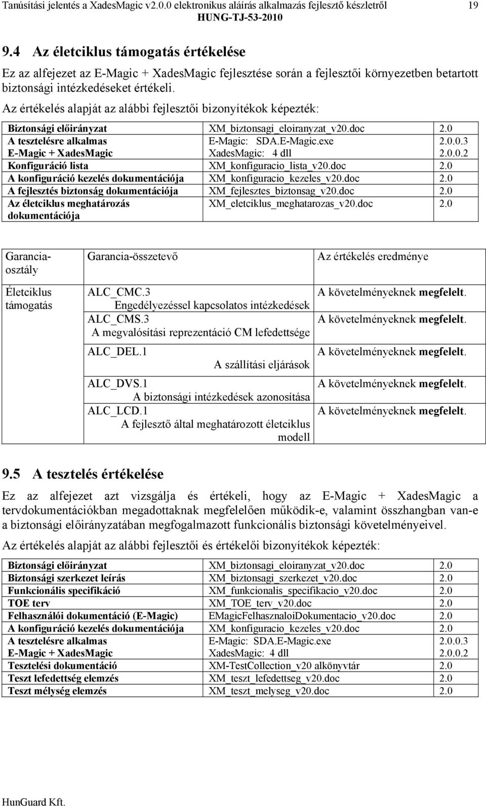 Az értékelés alapját az alábbi fejlesztői bizonyítékok képezték: Biztonsági előirányzat XM_biztonsagi_eloiranyzat_v20.doc 2.0 A tesztelésre alkalmas EMagic + XadesMagic EMagic: SDA.EMagic.exe XadesMagic: 4 dll 2.