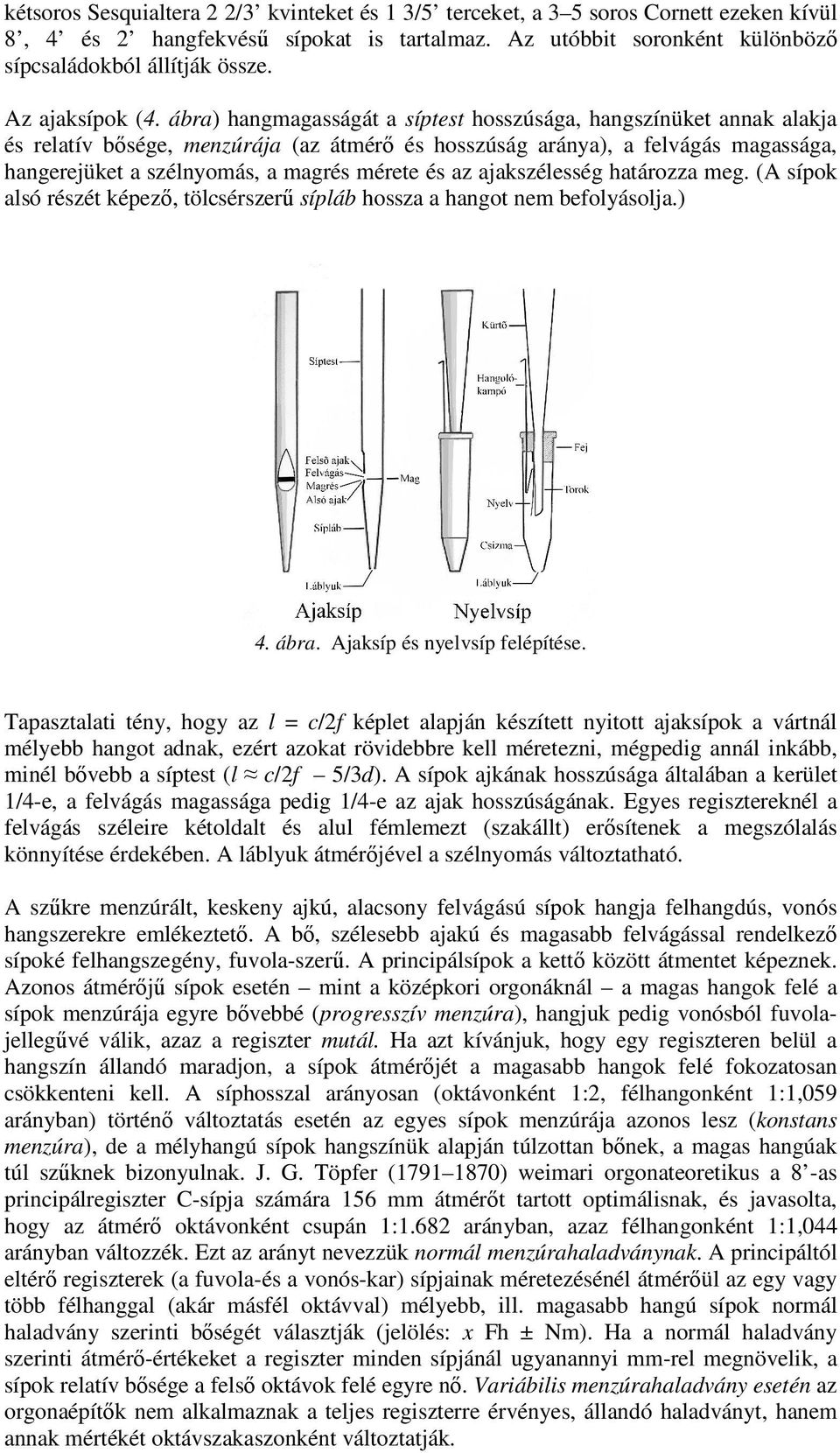 ábra) hangmagasságát a síptest hosszúsága, hangszínüket annak alakja és relatív bősége, menzúrája (az átmérő és hosszúság aránya), a felvágás magassága, hangerejüket a szélnyomás, a magrés mérete és