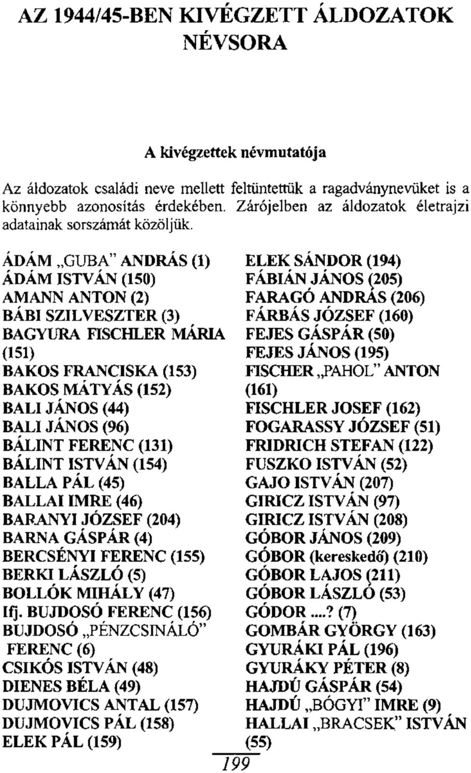 ÁDÁM GUBA ANDRÁS (1) ÁDÁM ISTVÁN (150) AMANN ANTON (2) BÁBI SZILVESZTER (3) BAGYURA FISCHLER MÁRIA (151) BAKOS FRANCISKA (153) BAKOS MÁTYÁS (152) BÁLI JÁNOS (44) BÁLI JÁNOS (96) BÁLINT FERENC (131)