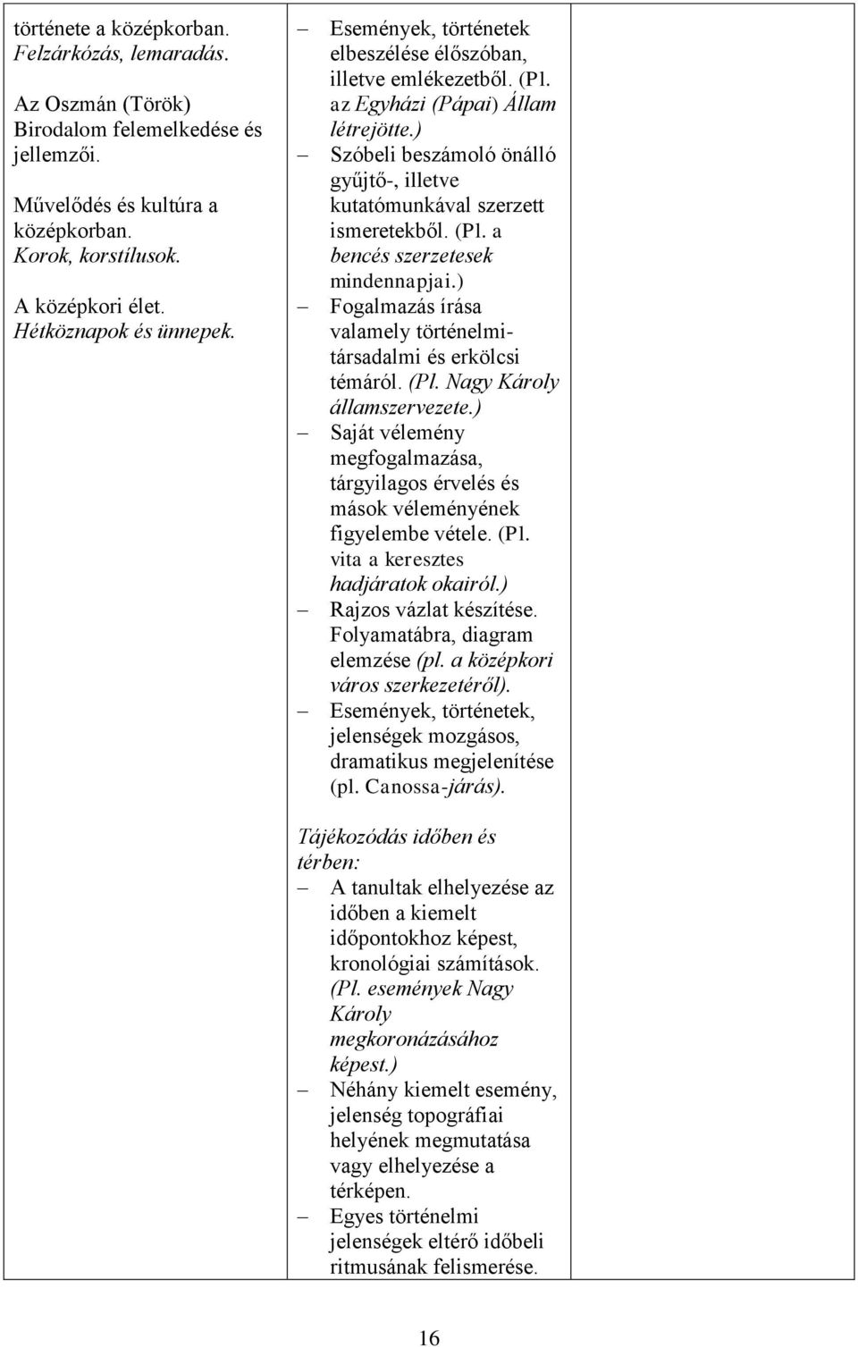 ) Szóbeli beszámoló önálló gyűjtő-, illetve kutatómunkával szerzett ismeretekből. (Pl. a bencés szerzetesek mindennapjai.) Fogalmazás írása valamely történelmitársadalmi és erkölcsi témáról. (Pl. Nagy Károly államszervezete.