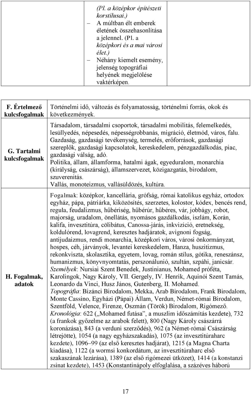 Fogalmak, adatok Történelmi idő, változás és folyamatosság, történelmi forrás, okok és következmények.