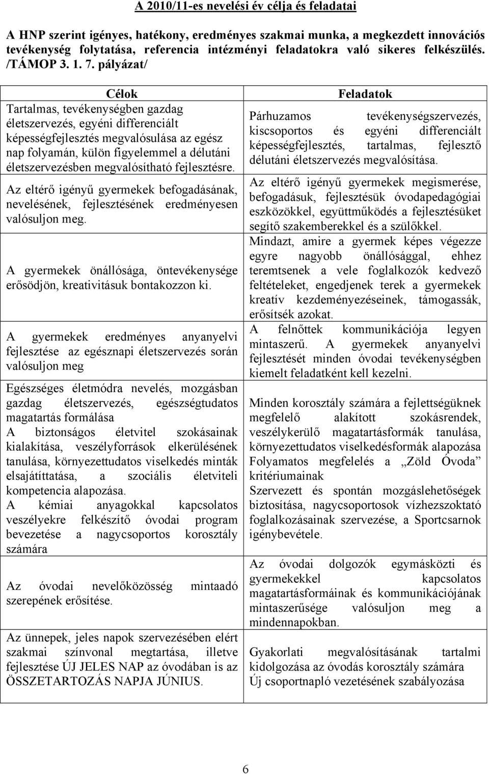 pályázat/ Célok Tartalmas, tevékenységben gazdag életszervezés, egyéni differenciált képességfejlesztés megvalósulása az egész nap folyamán, külön figyelemmel a délutáni életszervezésben