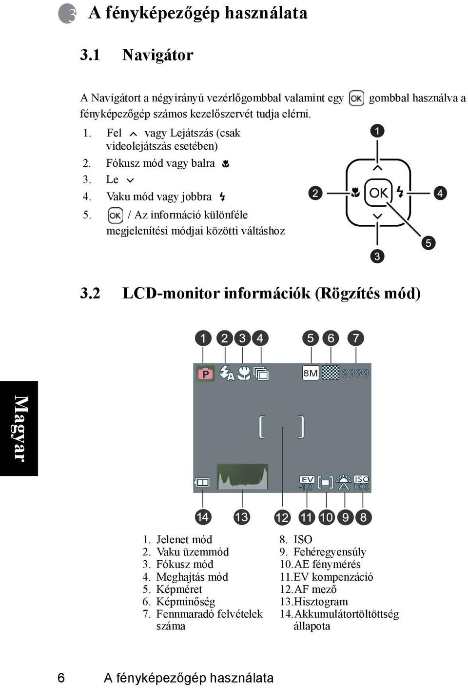 / Az információ különféle megjelenítési módjai közötti váltáshoz gombbal használva a 3.2 LCD-monitor információk (Rögzítés mód) P 8M 9999 EV ISO -1.0 A 100 1.