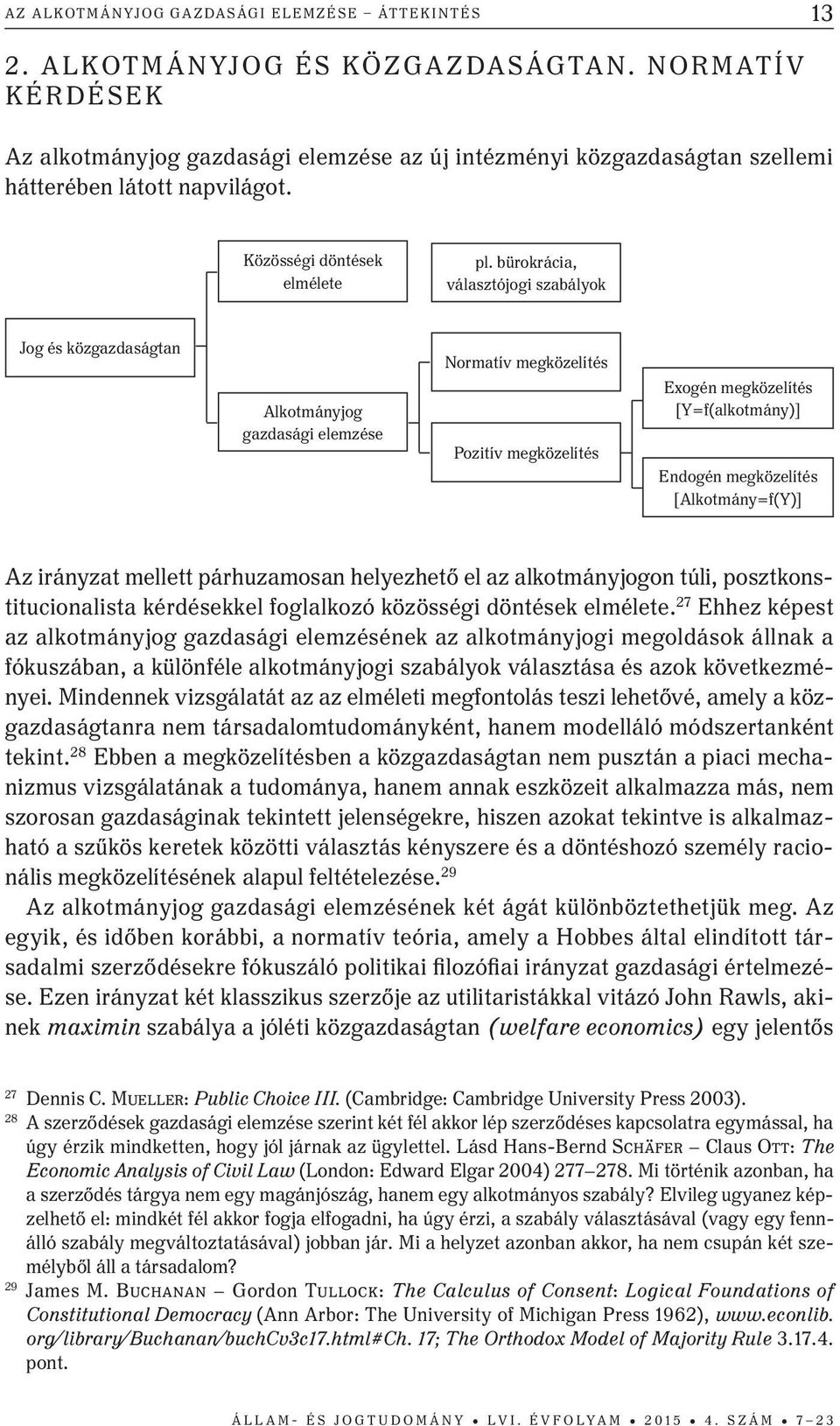 bürokrácia, választójogi szabályok Jog és közgazdaságtan Alkotmányjog gazdasági elemzése Normatív megközelítés Pozitív megközelítés Exogén megközelítés [Y=f(alkotmány)] Endogén megközelítés