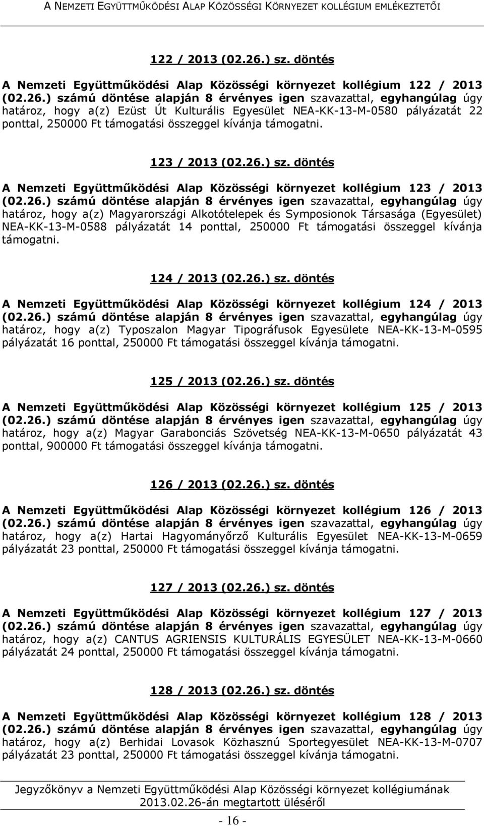 döntés A Nemzeti Együttműködési Alap Közösségi környezet kollégium 123 / 2013 határoz, hogy a(z) Magyarországi Alkotótelepek és Symposionok Társasága (Egyesület) NEA-KK-13-M-0588 pályázatát 14