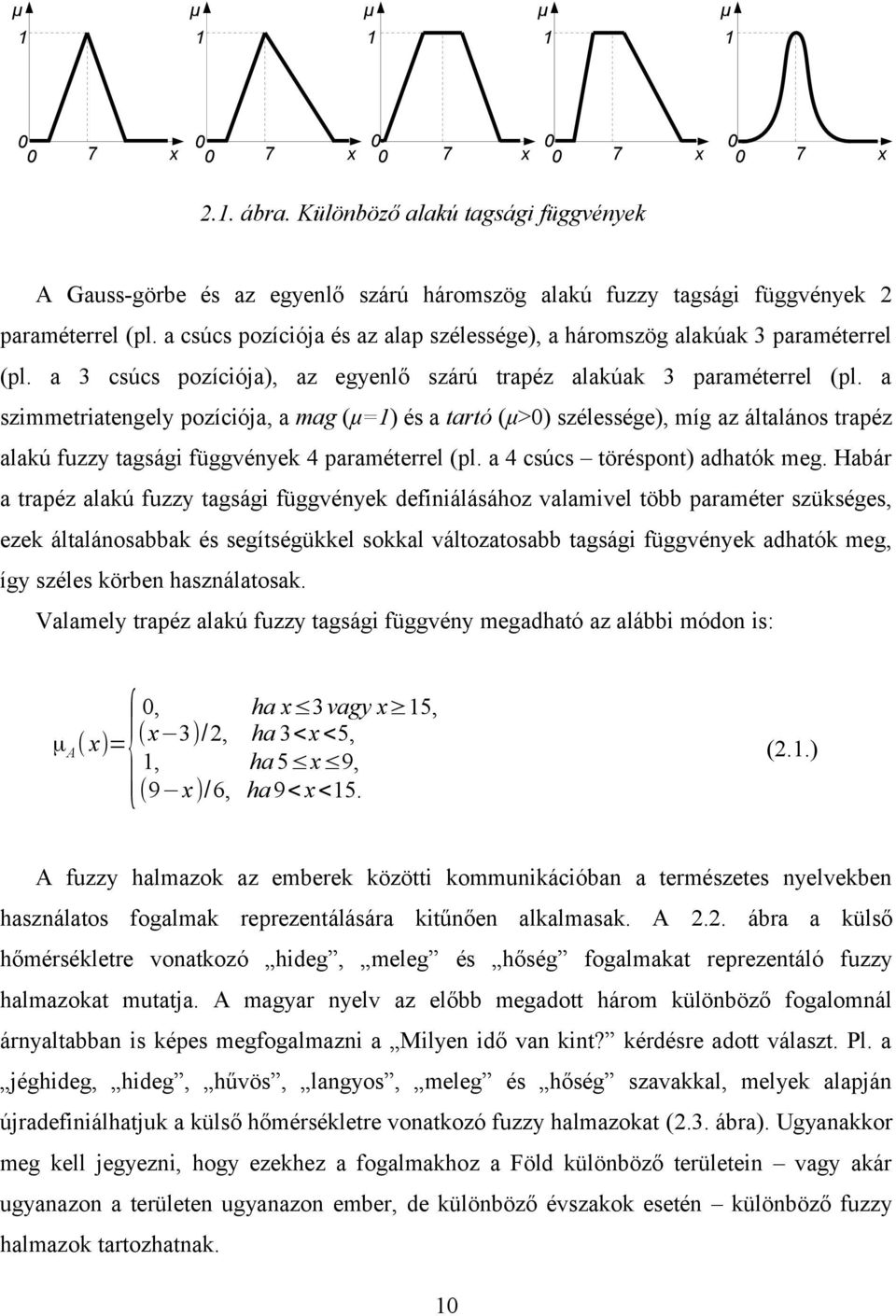 a szimmetriatengely pozíciója, a mag (μ=1) és a tartó (μ>0) szélessége), míg az általános trapéz alakú fuzzy tagsági függvények 4 paraméterrel (pl. a 4 csúcs töréspont) adhatók meg.