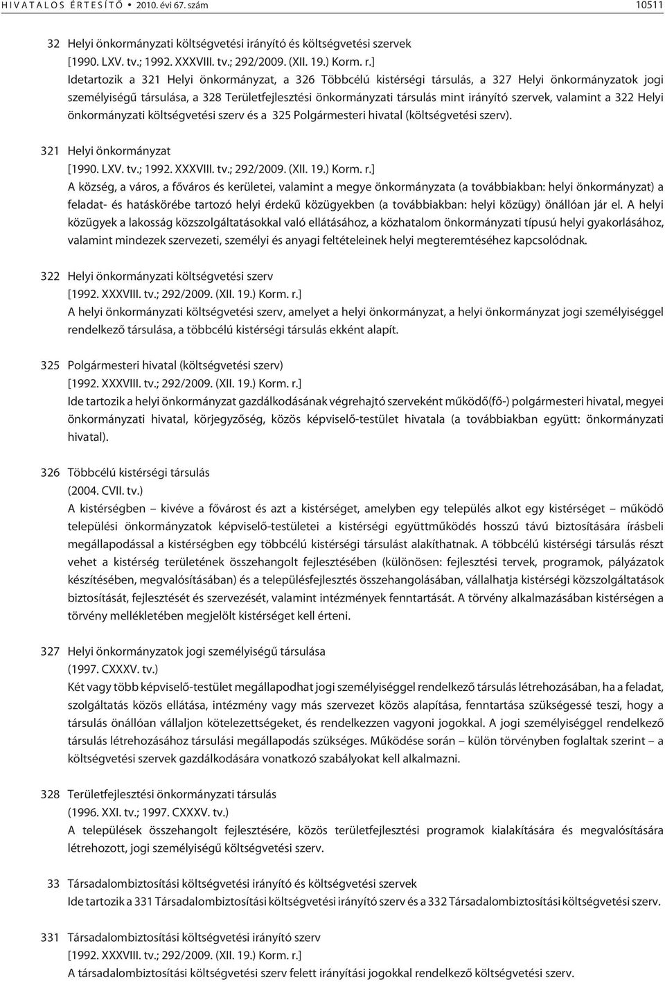 szervek, valamint a 322 Helyi önkormányzati költségvetési szerv és a 325 Polgármesteri hivatal (költségvetési szerv). 321 Helyi önkormányzat [1990. LXV. tv.; 1992. XXXVIII. tv.; 292/2009. (XII. 19.) Korm.