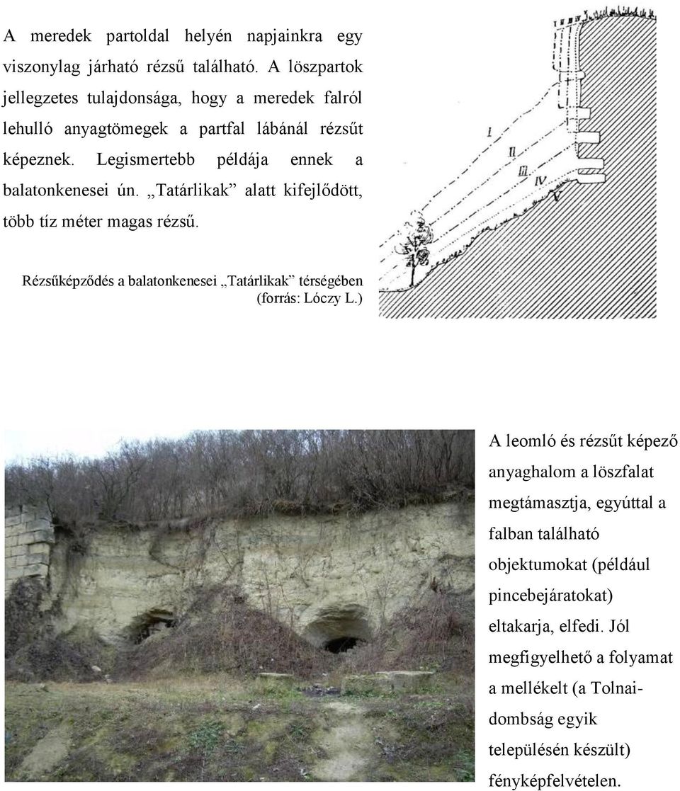 Legismertebb példája ennek a balatonkenesei ún. Tatárlikak alatt kifejlődött, több tíz méter magas rézsű.