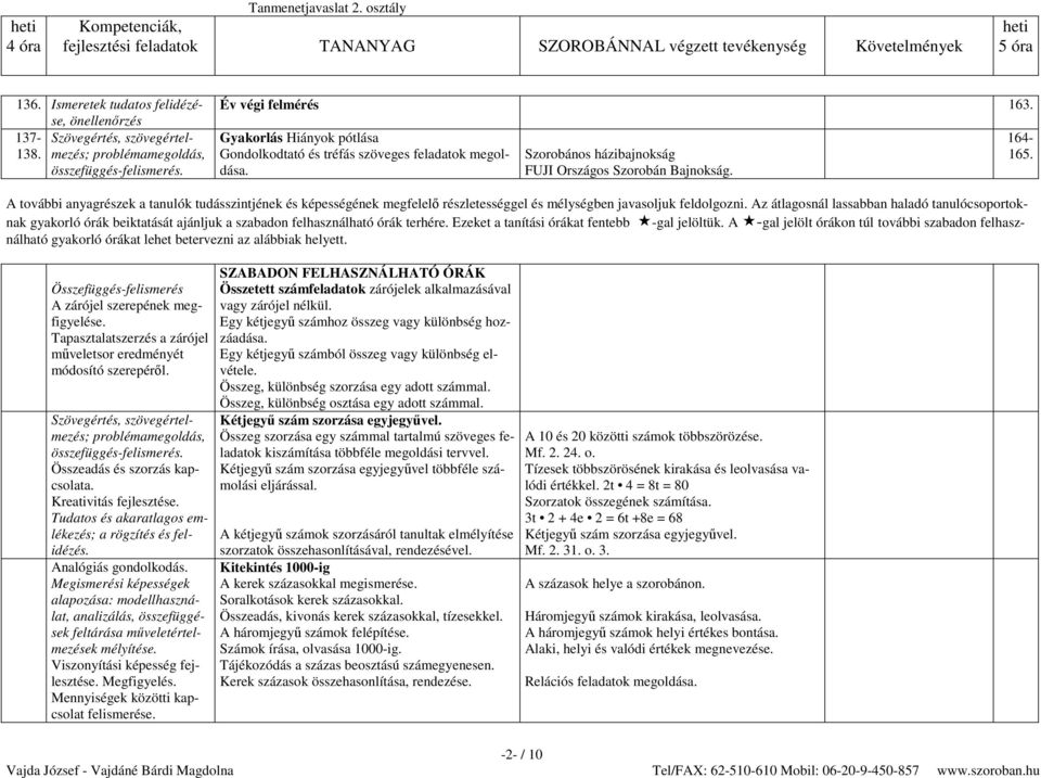 A további anyagrészek a tanulók tudásszintjének és képességének megfelelő részletességgel és mélységben javasoljuk feldolgozni.