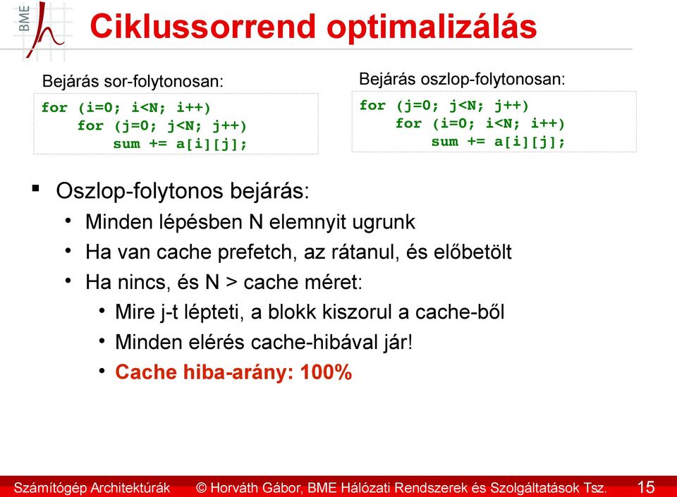 oszlop-folytonosan: for (j=0; j<n; j++) for (i=0; i<n; i++) sum += a[i][j]; Oszlop-folytonos bejárás: Minden lépésben N elemnyit