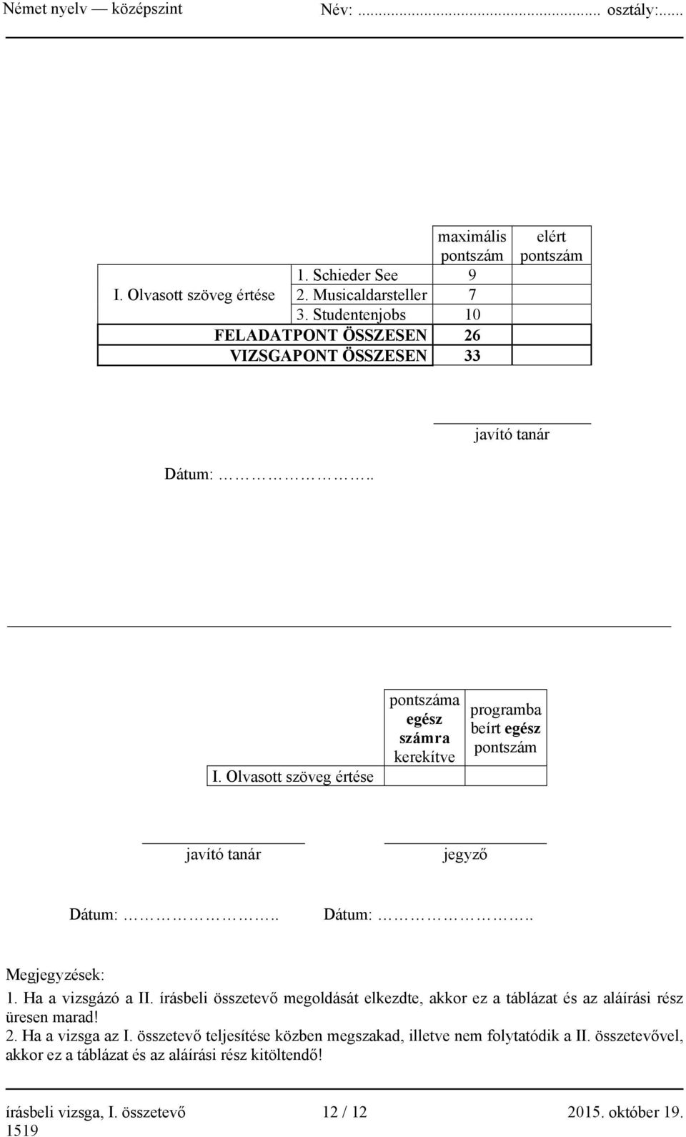 Olvasott szöveg értése pontszáma egész számra kerekítve programba beírt egész pontszám javító tanár jegyző Dátum:.. Dátum:.. Megjegyzések: 1. Ha a vizsgázó a II.