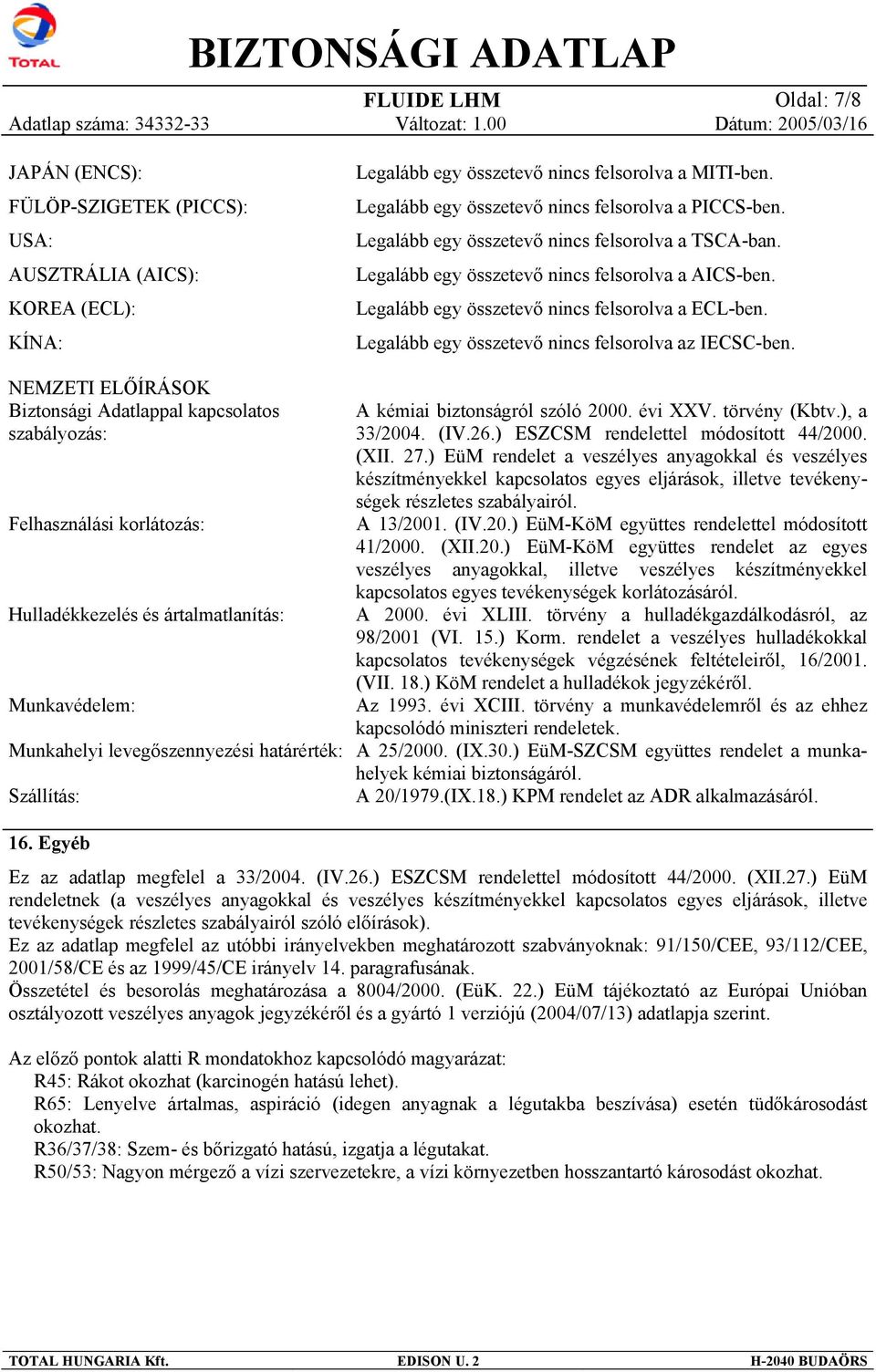 Legalább egy összetevő nincs felsorolva a ECL-ben. Legalább egy összetevő nincs felsorolva az IECSC-ben.